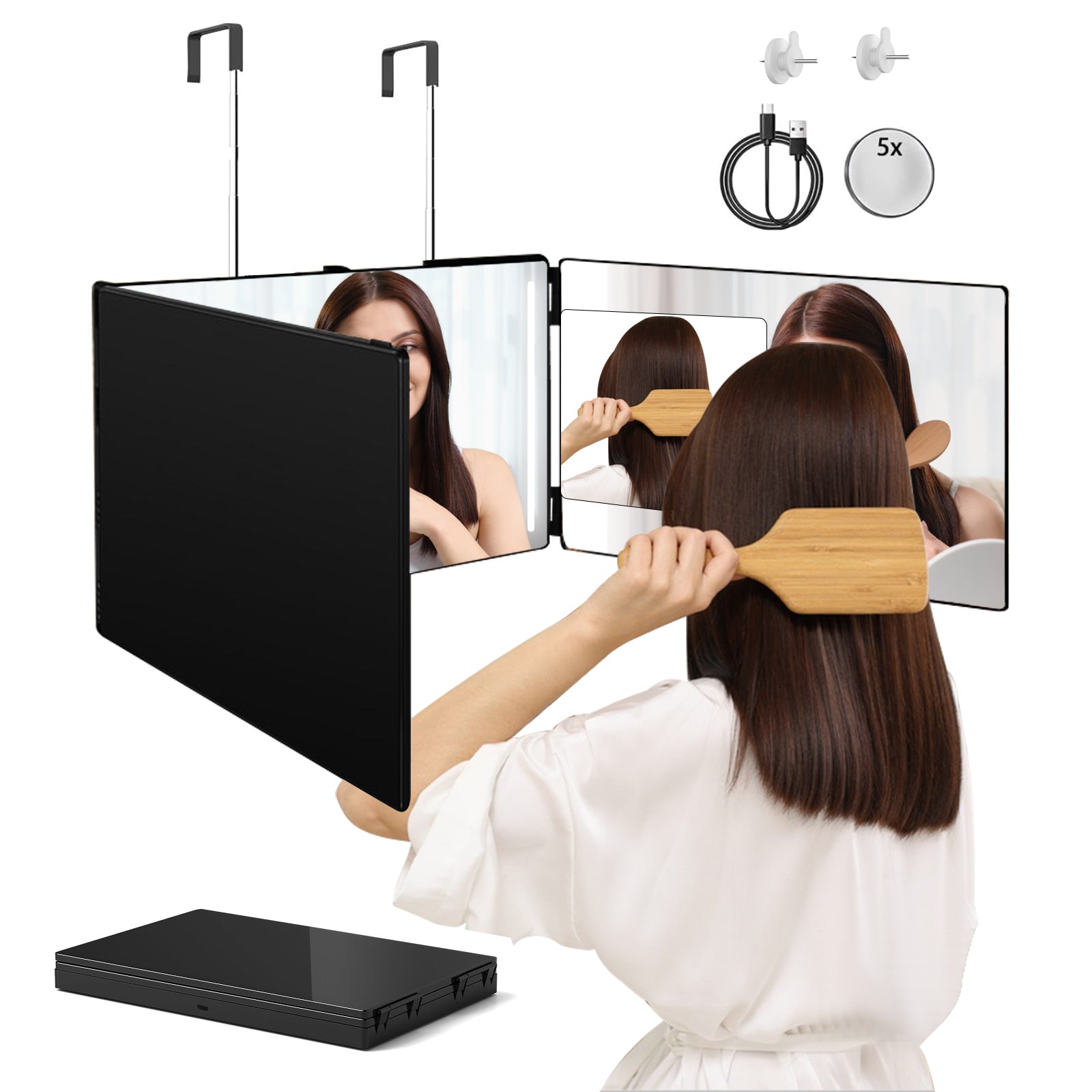 3 Way Mirror with LED Lights for Hair Cutting, 360 Degree Trifold Mirror with Height Adjustable Hooks - Bosonshop