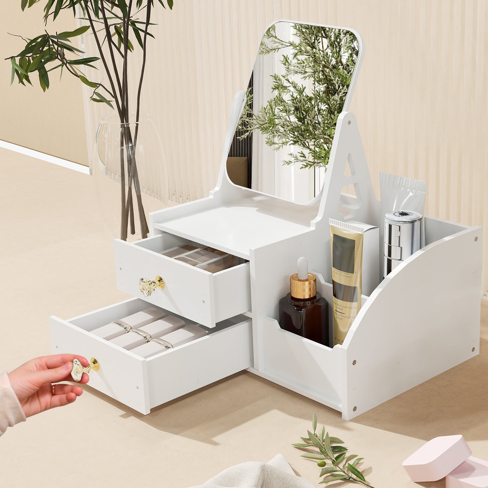 Cosmetics Storage for Vanity with Rotating Mirror, 2 Drawers and Compartment Makeup Storage - Bosonshop