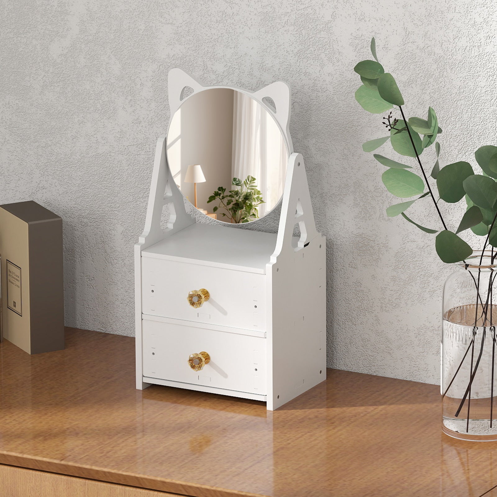 Cosmetics Storage for Vanity with Round Rotating Mirror, 2 Drawers Desktop Makeup Storage - Bosonshop