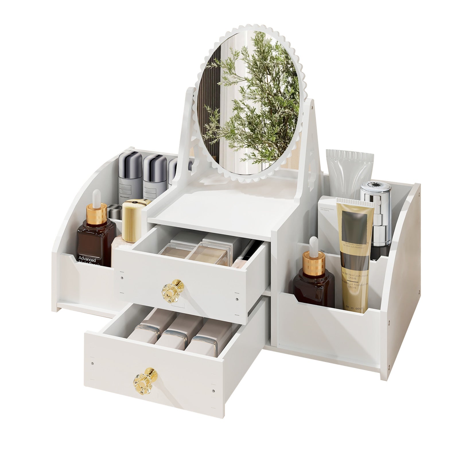 Cosmetics Storage for Vanity with Rotating Mirror, 2 Drawers and 4 Compartments Makeup Storage - Bosonshop