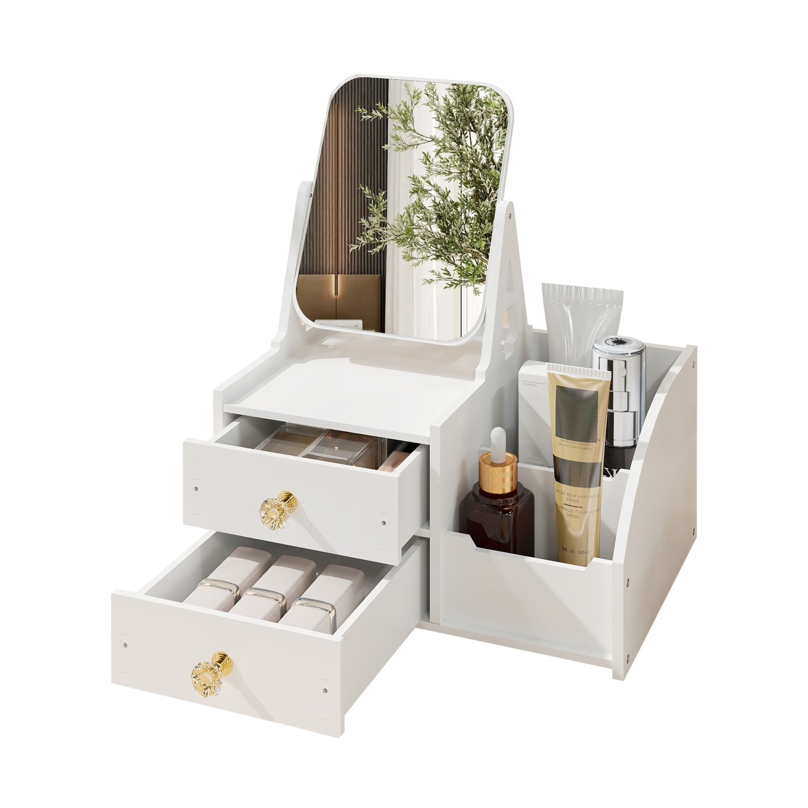 Cosmetics Storage for Vanity with Rotating Mirror, 2 Drawers and Compartment Makeup Storage - Bosonshop