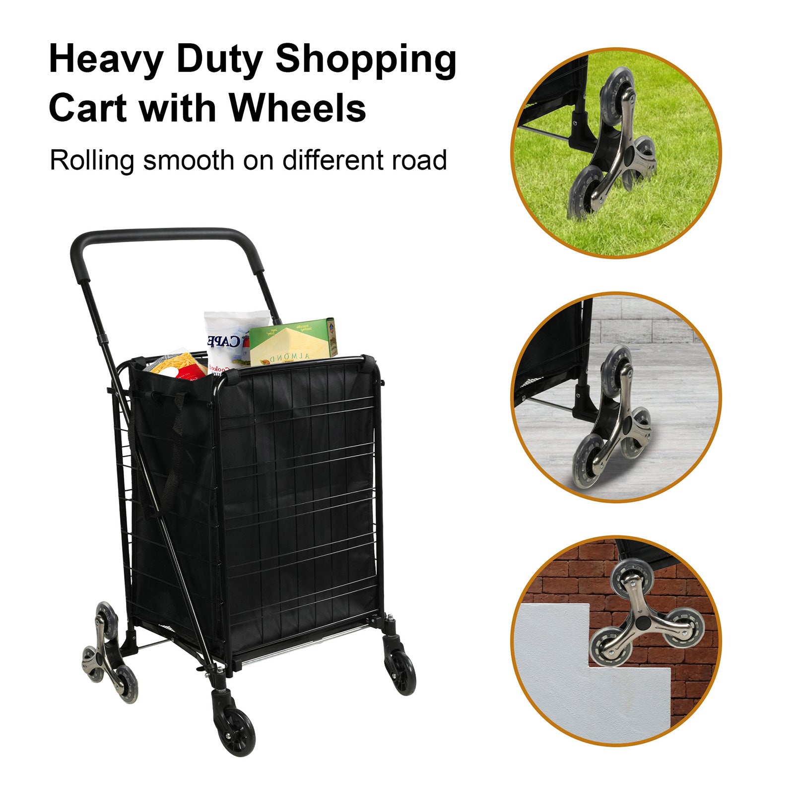 Folding Shopping Cart with Wheels and Removable Cloth Liner Holds Up to 77 Lbs.