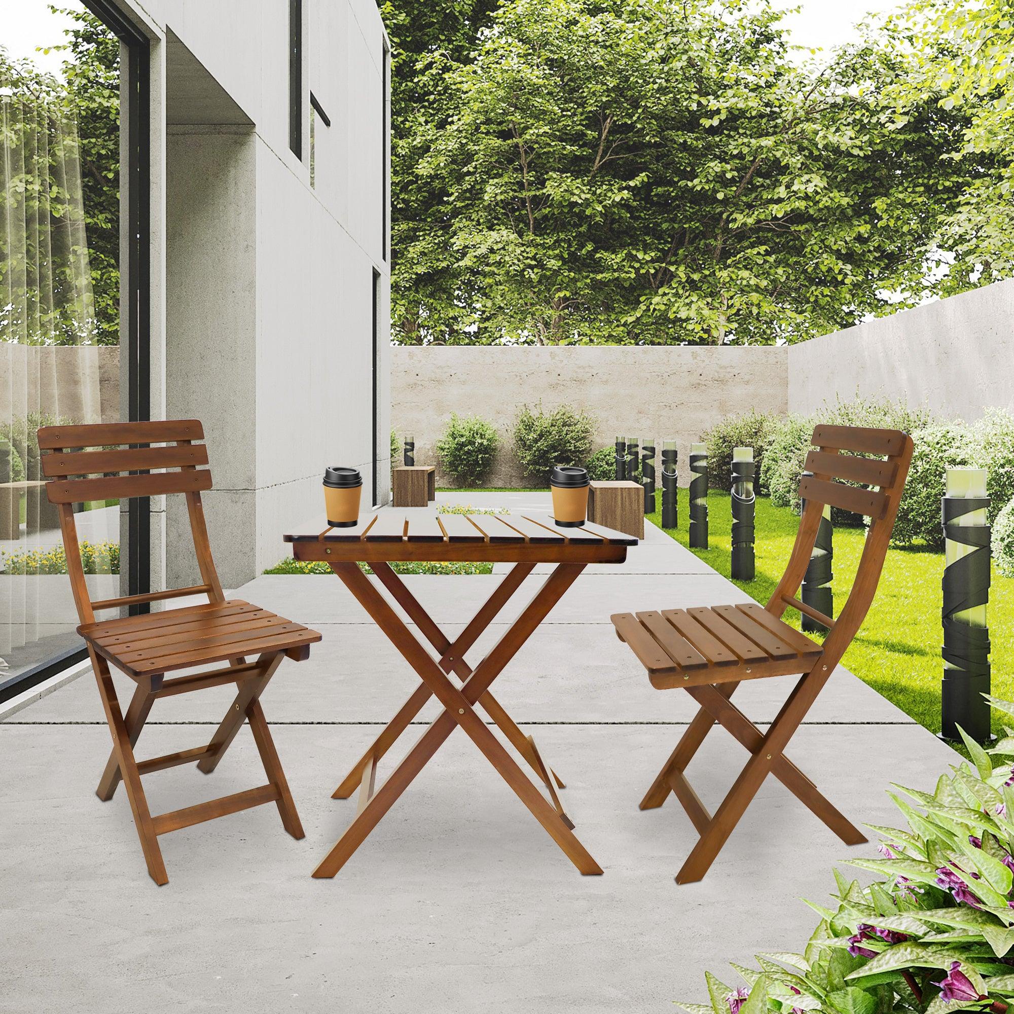 3-Piece Outdoor Wood Bistro Set, Patio Folding Furniture Set - Bosonshop