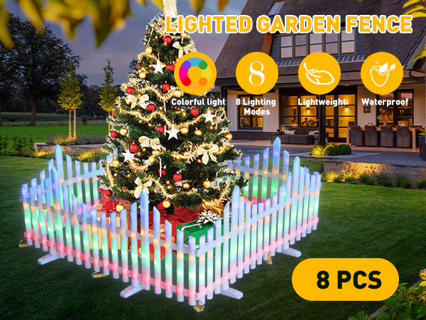 8 PCS Lighted Garden Picket Fence with 8 Inserts & Base - Plug-in LED Lights for Lawn, Patio, Path, Landscape, and Christmas Tree Decoration