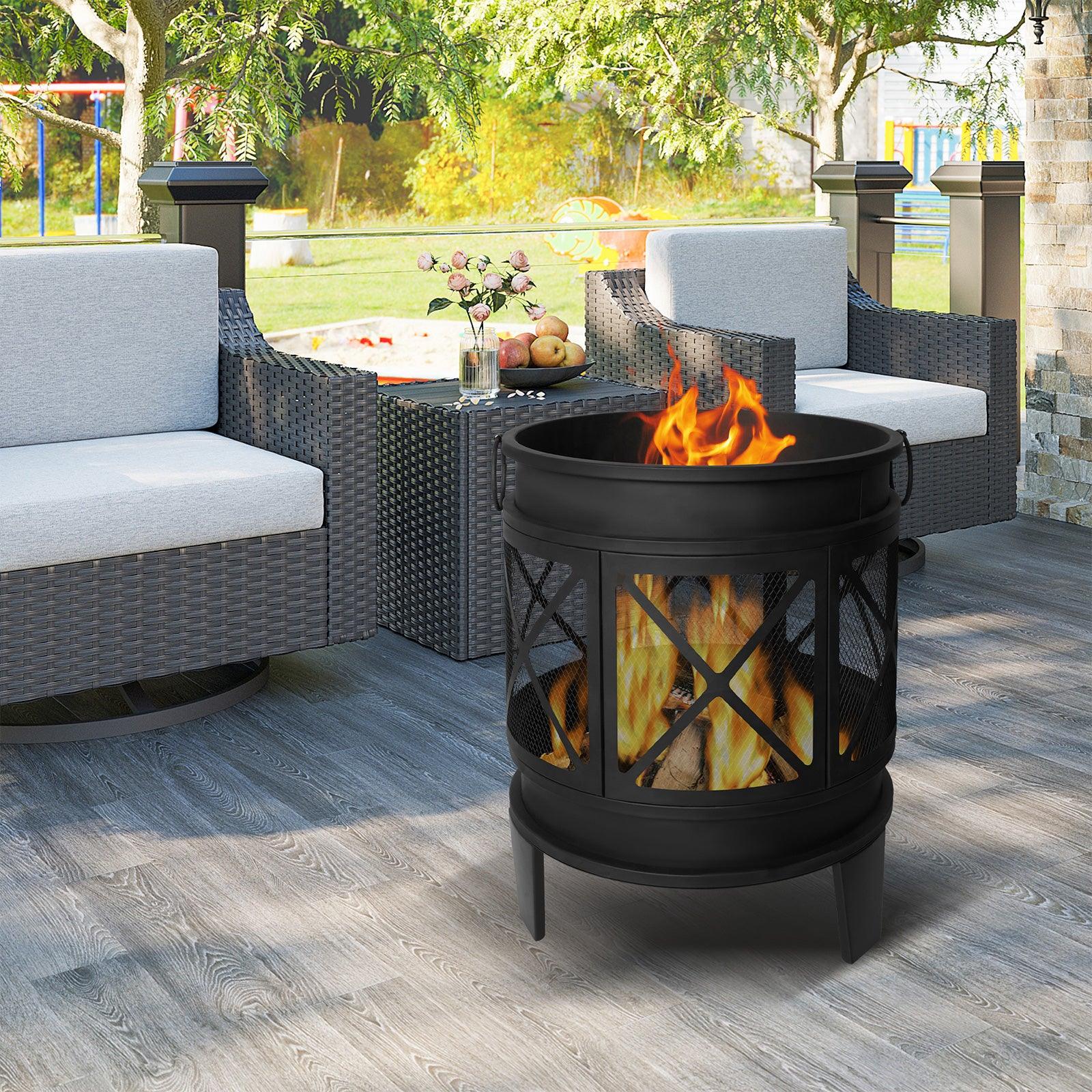 Barrel Outdoor Wood Burning Fire Pit 23.2" Patio Fireplace with Spark Screen and Poker - Bosonshop
