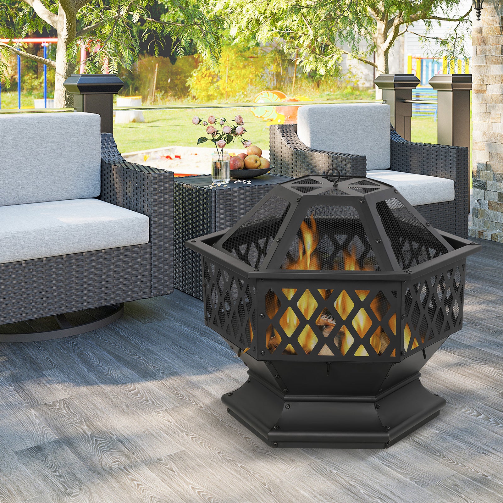 Hex Outdoor Wood Burning Fire Pit 27.6" Patio Fireplace with Spark Screen and Poker