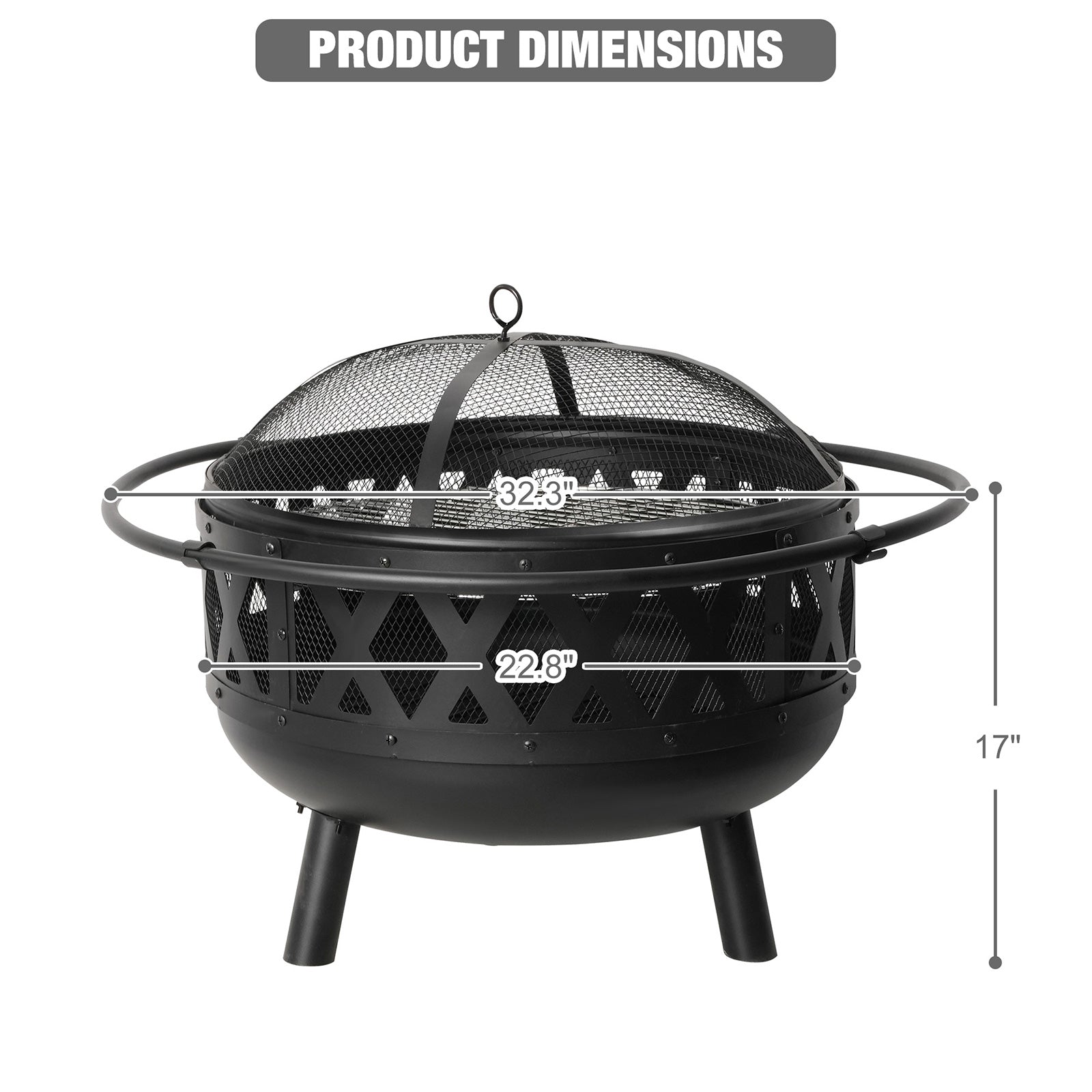 Round Outdoor Wood Burning Fire Pit 22.8" with Steel BBQ Grill, Spark Screen and Poker