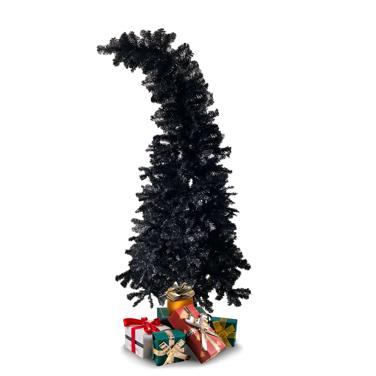 6.9ft Black Bendable Santa Hat Style Halloween Tree Artificial Christmas Tree Xmas, 1050 Branch Tips, Metal Frame - Bosonshop