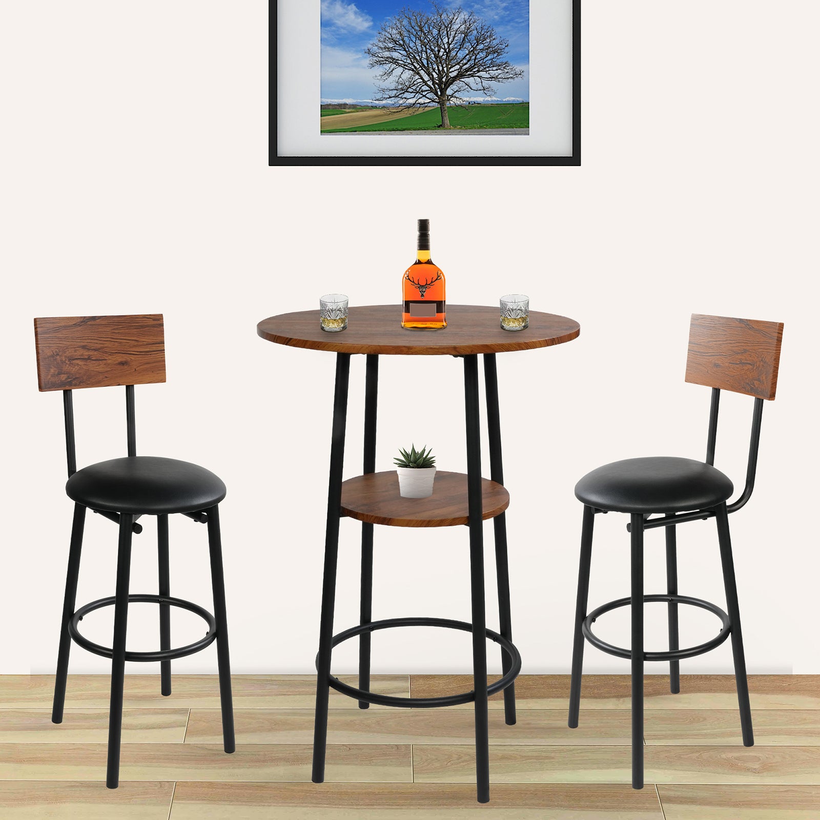 Round Bar Table and Chairs Set, 2-Tier Table and PU Upholstered Stools with Backrest