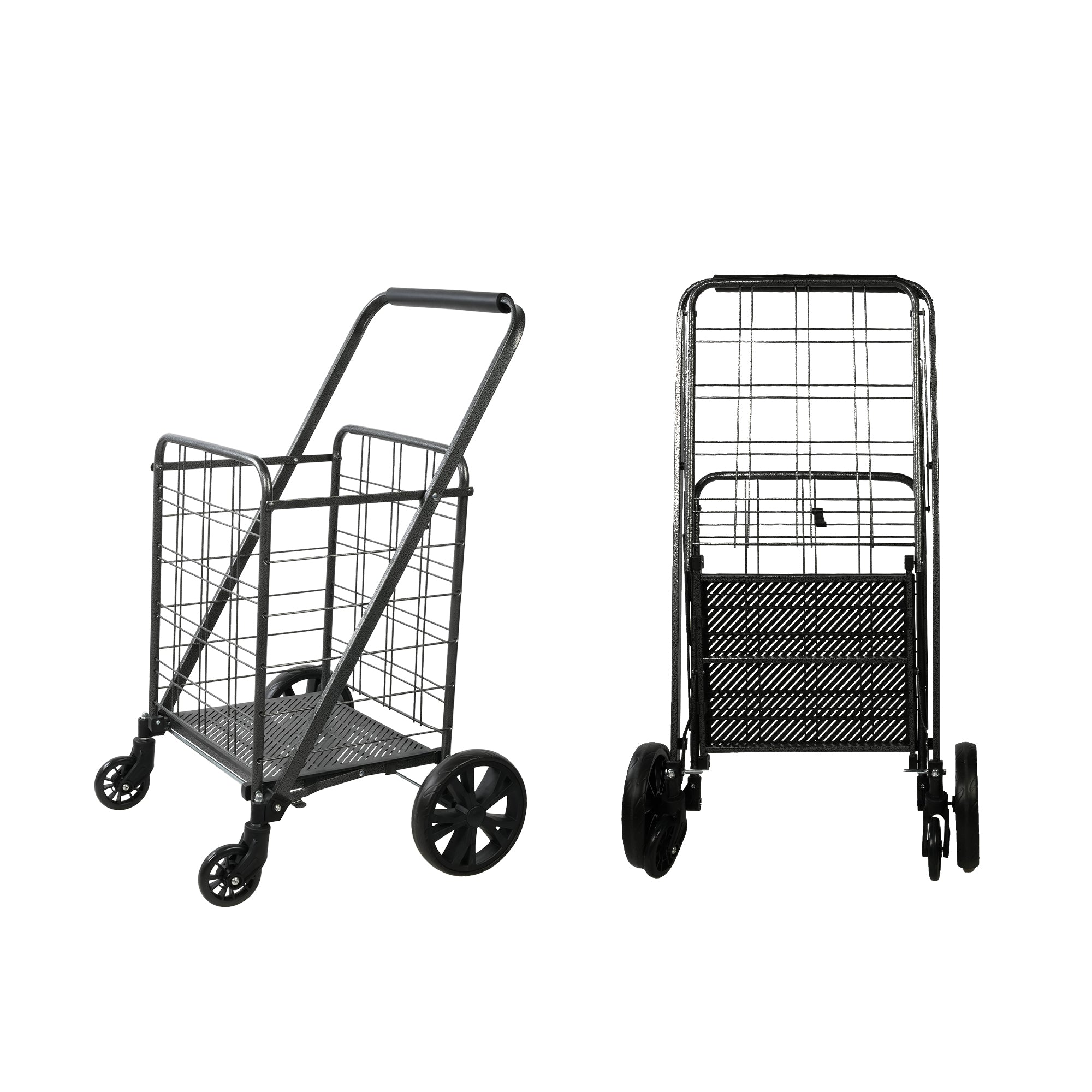 Folding shopping cart with 360° rotating wheels, suitable for grocery, laundry, books, luggage travel, 77 pound capacity, black