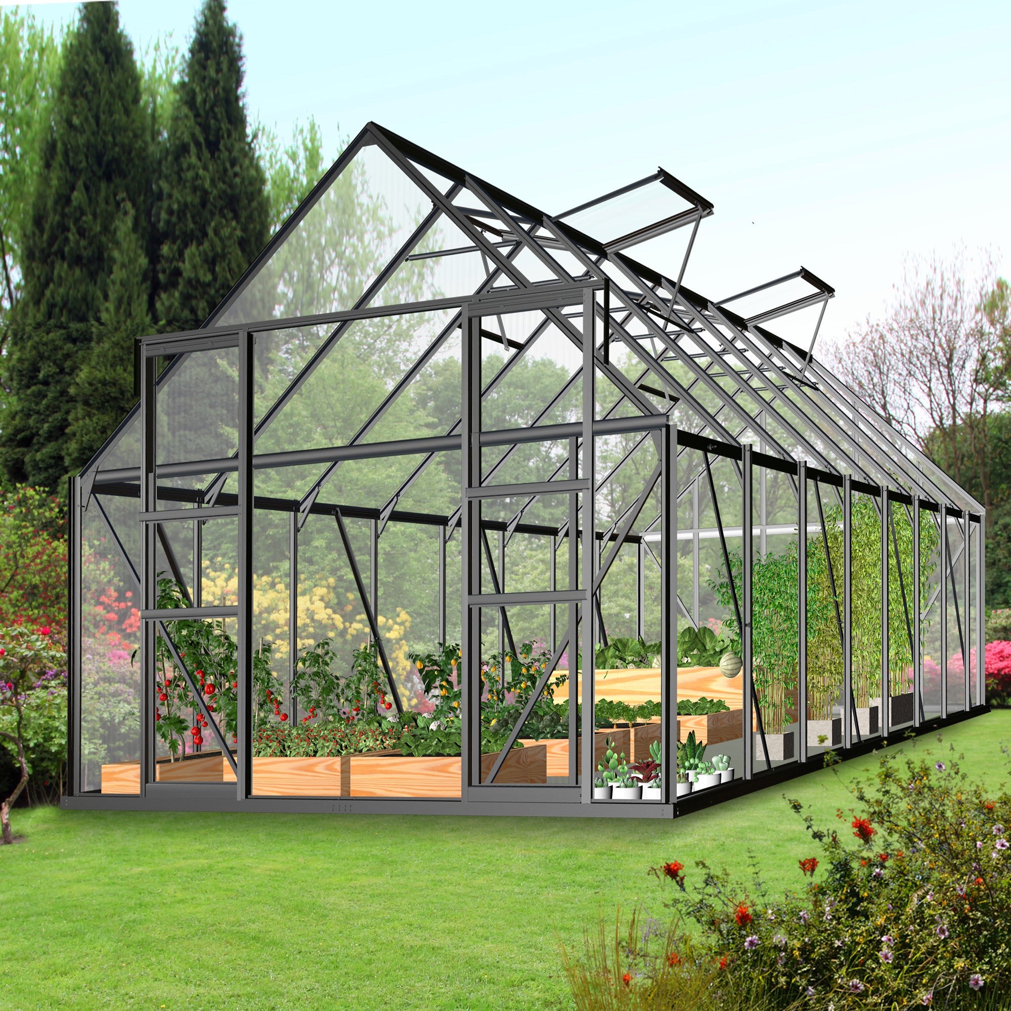 8'x12' Polycarbonate Greenhouse 2 Sliding Doors 2 Vents Window Walk-in Greenhouse for Outdoor