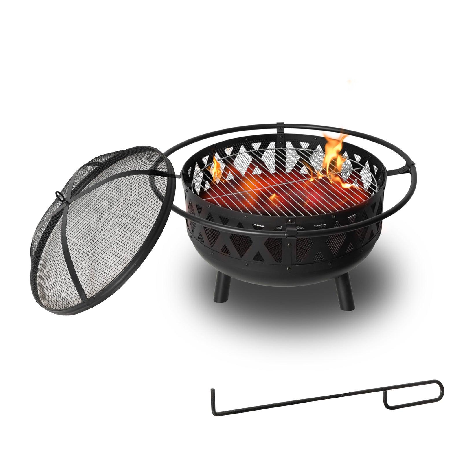 Round Outdoor Wood Burning Fire Pit 22.8" with Steel BBQ Grill, Spark Screen and Poker - Bosonshop
