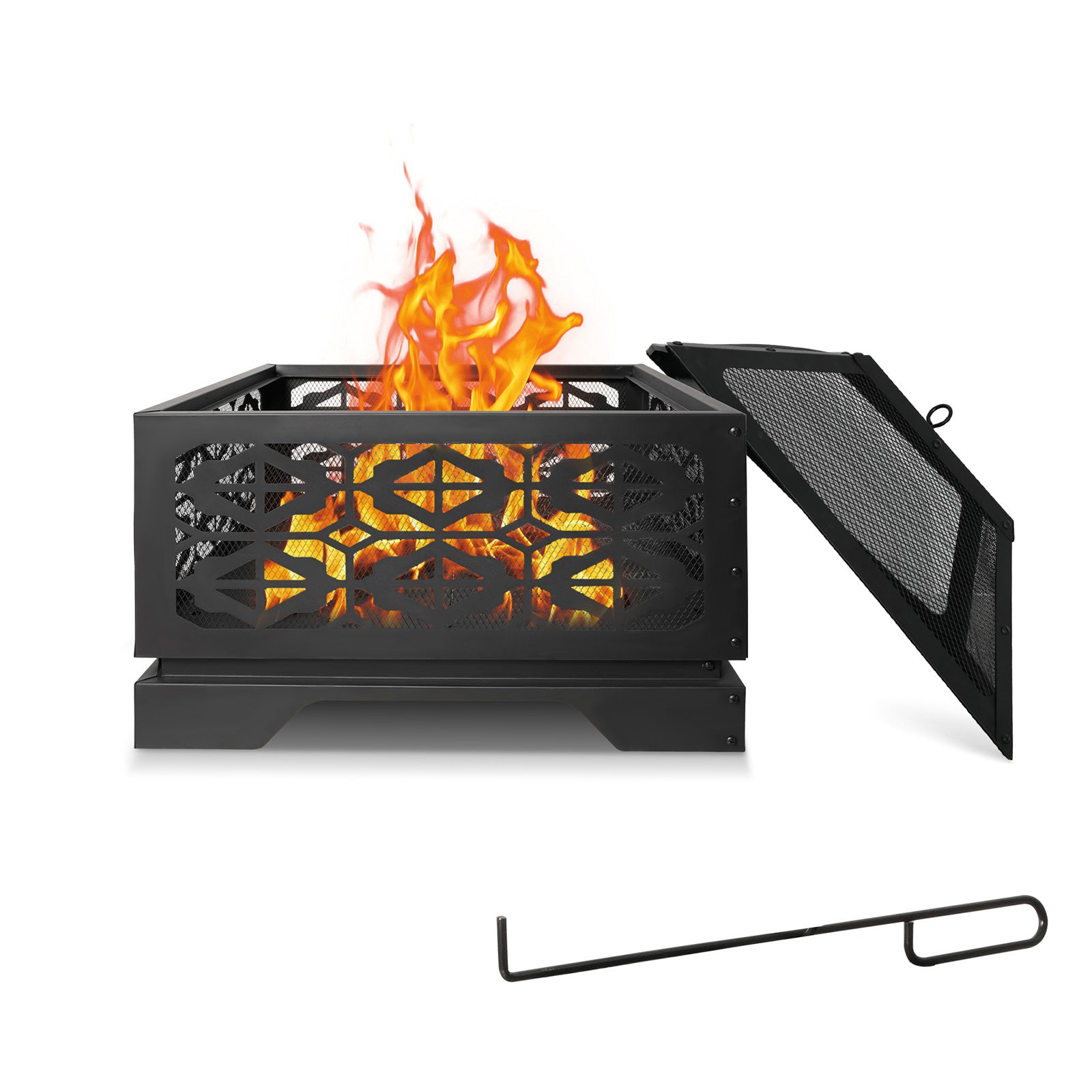 Square Outdoor Wood Burning Fire Pit 26" with Steel BBQ Grill, Spark Screen and Poker
