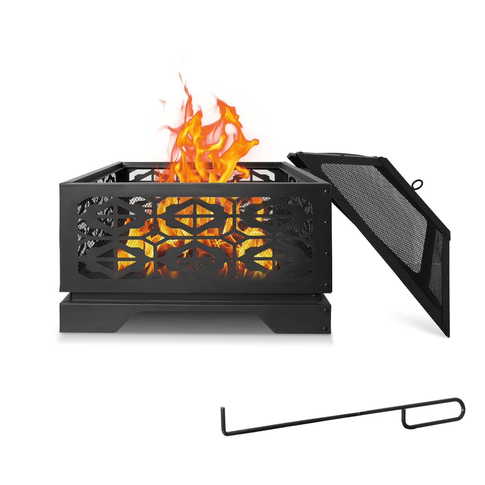 Square Outdoor Wood Burning Fire Pit 26" with Steel BBQ Grill, Spark Screen and Poker - Bosonshop