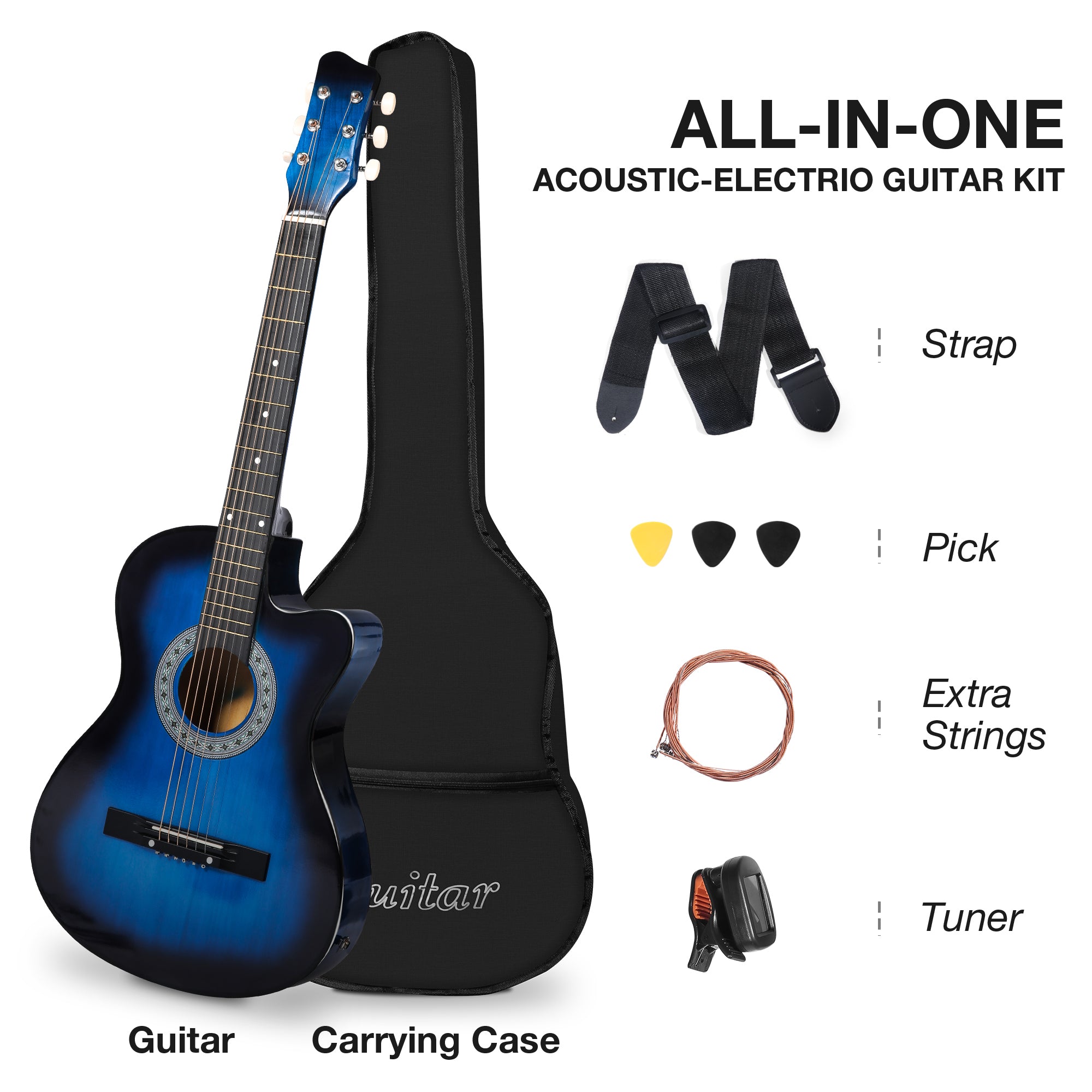 38" Acoustic Electric Guitar All wood Cutaway Beginner Guitar Package with 4-Band EQ Case, Strap, Picks, Tune