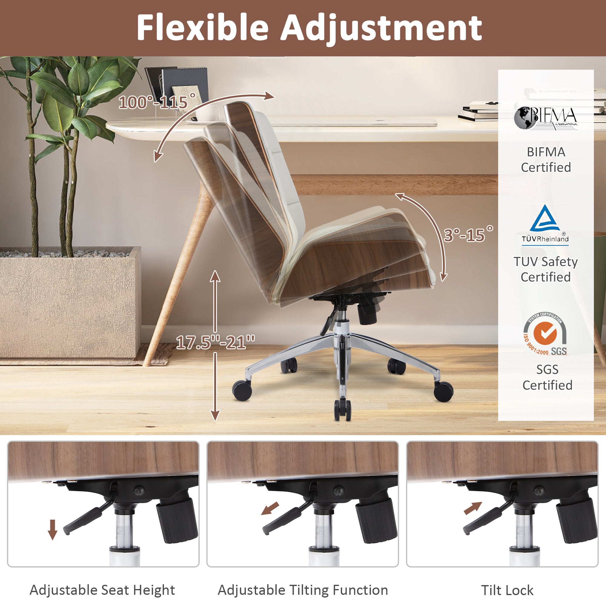 (Out of Stock) Executive Office Chair with Adjustable Height, Tilt Function, Solid Wood Arms and Base, 360° Swivel - Leather Office Chair for Office and Home Work in Grey