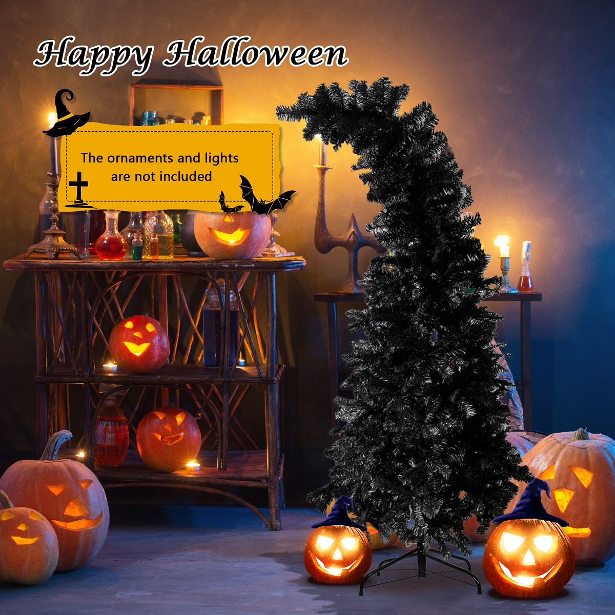 6.9ft Black Bendable Santa Hat Style Halloween Tree Artificial Christmas Tree Xmas, 1050 Branch Tips, Metal Frame - Bosonshop