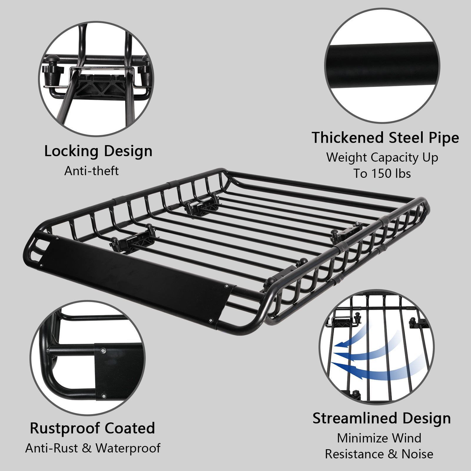 Universal Roof Rack Basket: 45 x 36 Inches Heavy-Duty Rooftop Cargo Rack, 150 lbs Cargo Carrier for SUV, Truck & Car - Black Luggage Holder
