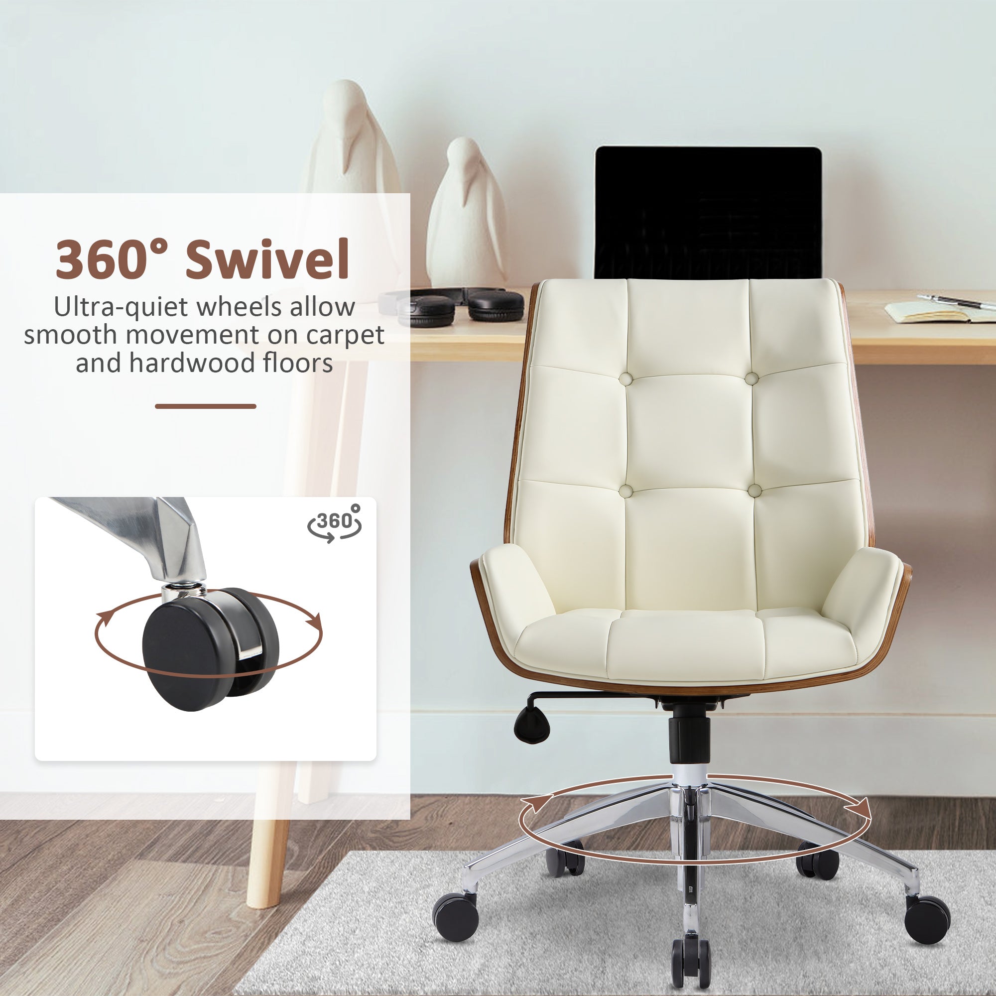 Executive Office Chair with Adjustable Height, Tilt Function, Solid Wood Arms and Base, 360° Swivel - Leather Office Chair for Office and Home Work in White