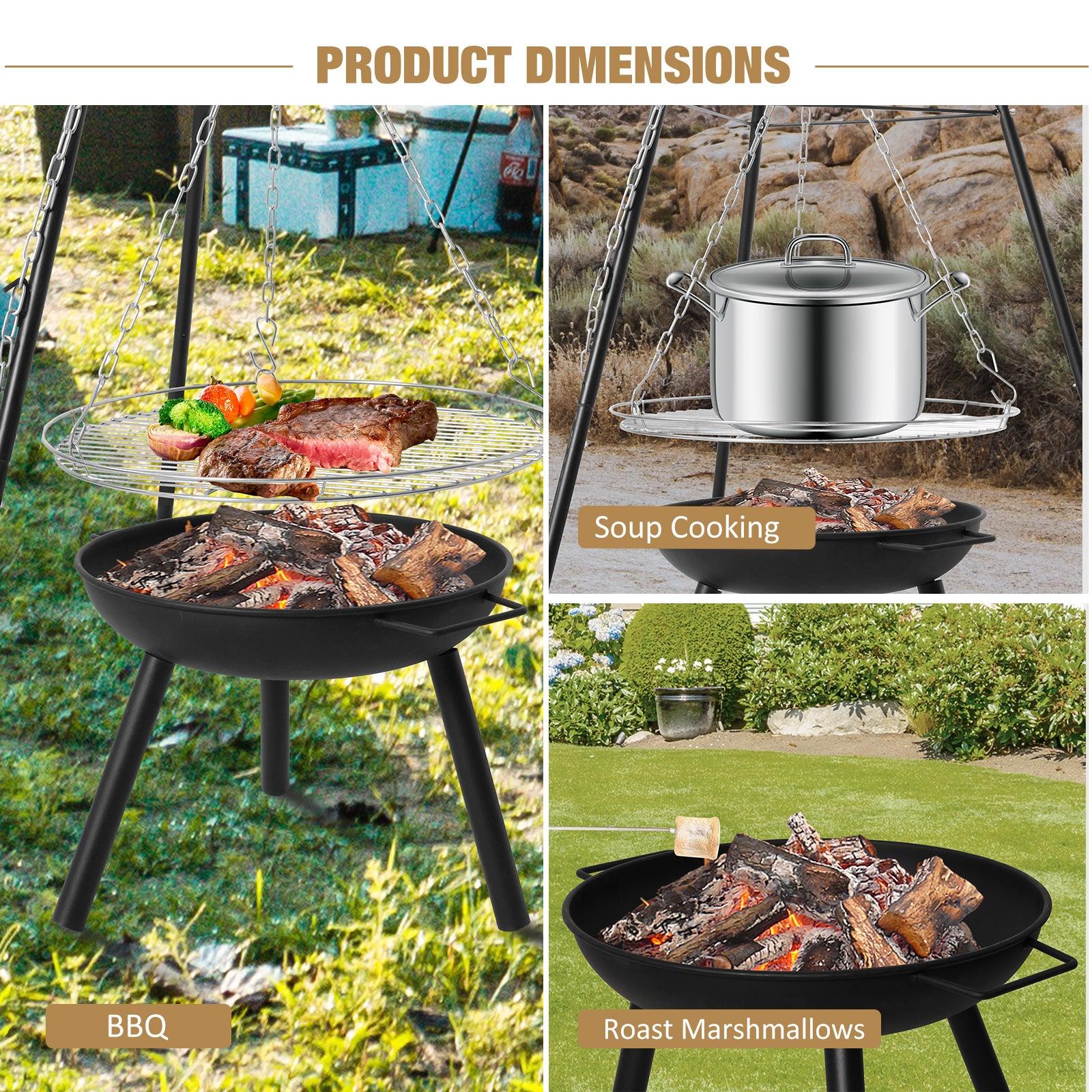 (Out of Stock) Outdoor Height Adjustable Wood Burning Fire Pit Tripod Cooking Grill with Round Grill Grate - Bosonshop