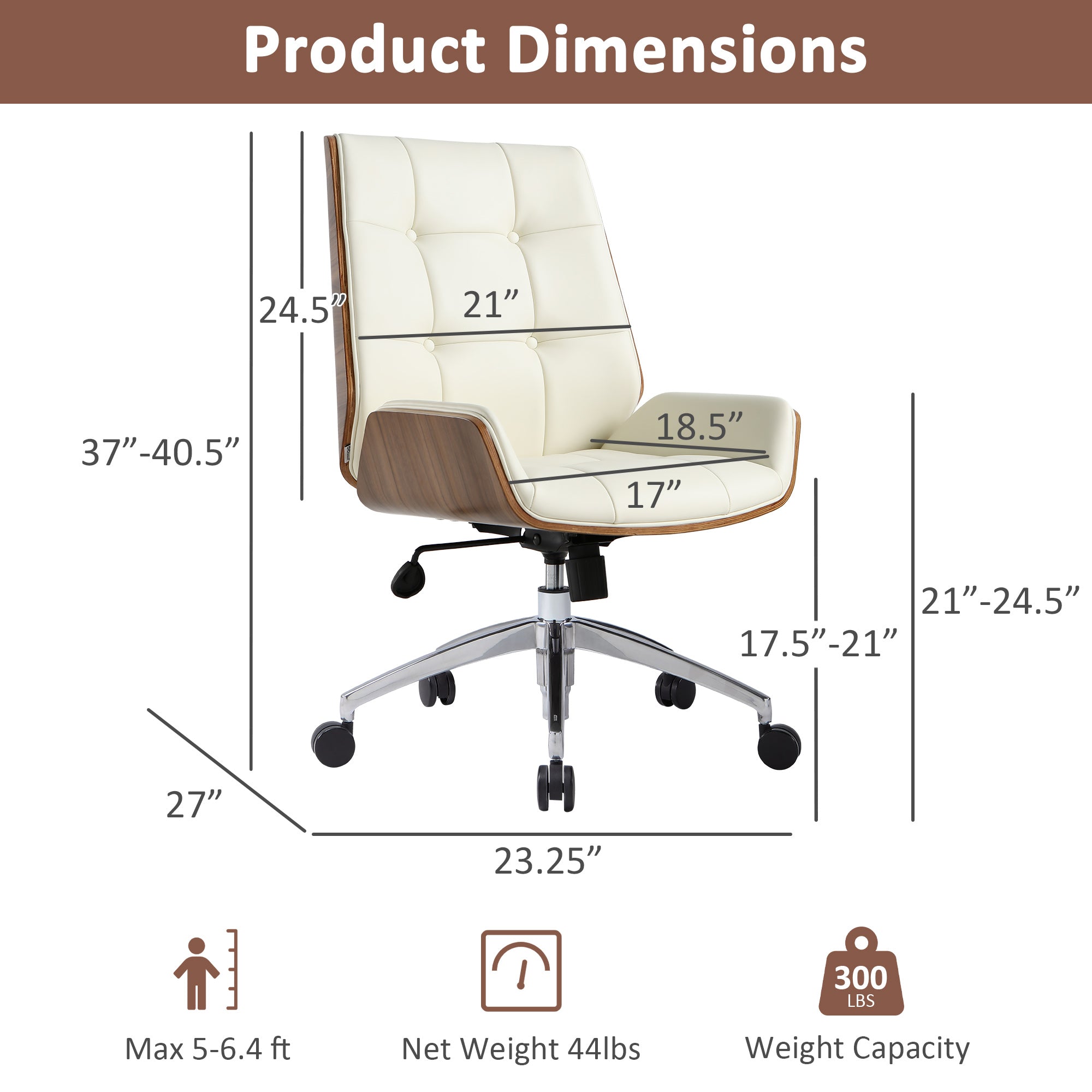 Executive Office Chair with Adjustable Height, Tilt Function, Solid Wood Arms and Base, 360° Swivel - Leather Office Chair for Office and Home Work in White