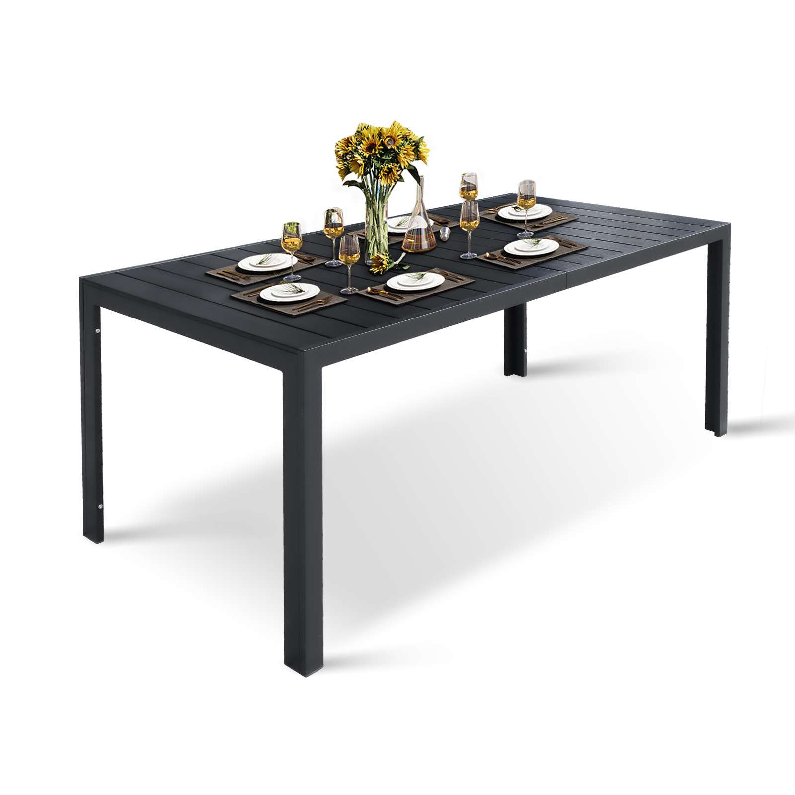 Heavy Duty Patio Outdoor Dining Table for 6-8 Person, 71" Aluminum Frame Rectangle Table, Black - Bosonshop