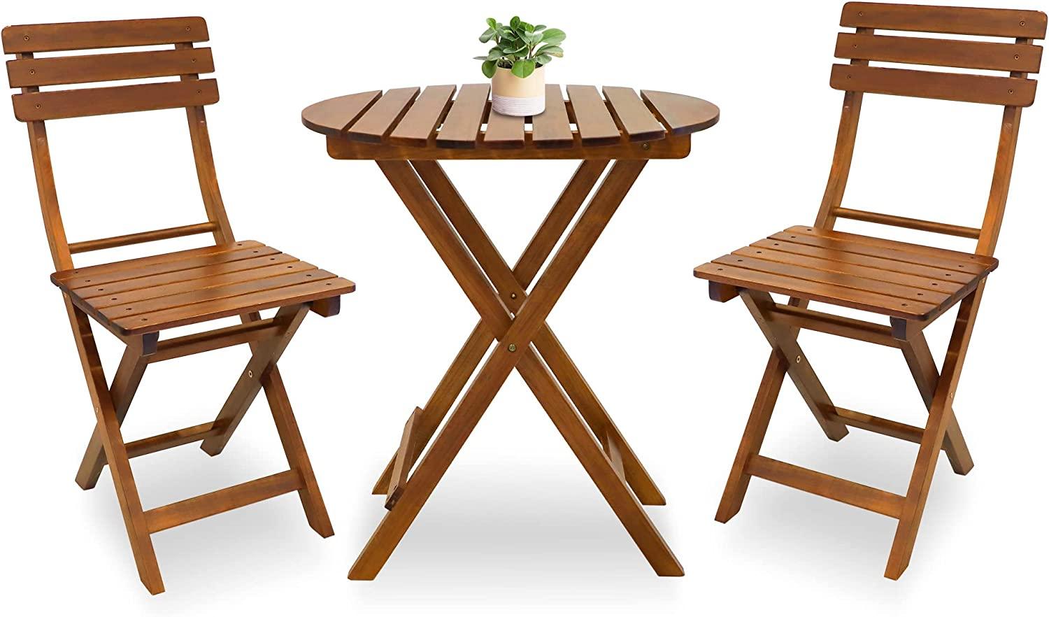 3-Piece Outdoor Wood Round Bistro Set, Patio Folding Furniture Set - Bosonshop