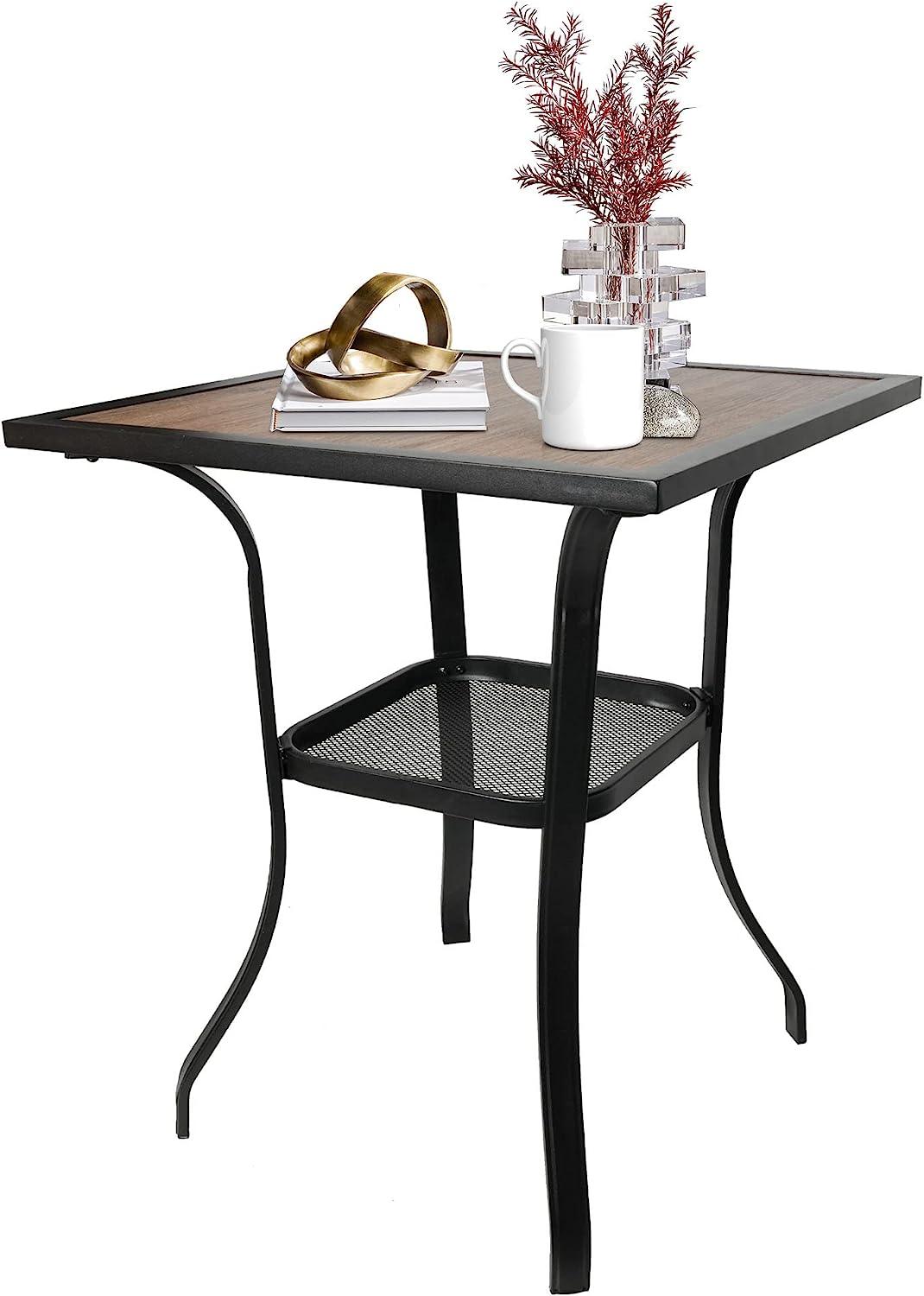 Patio Square Bar Table for Garden Backyard with Storage Rack & Wooden-Like Table Top