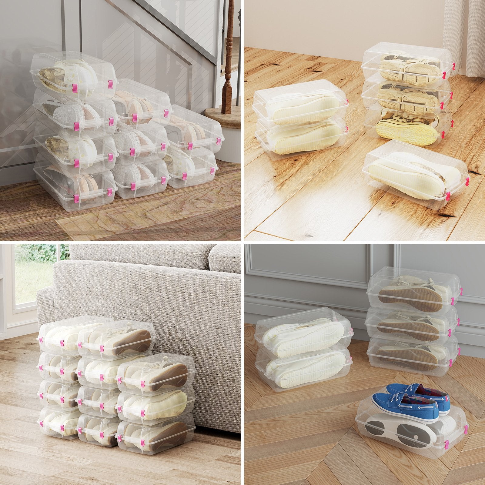 4 Pack Stackable Shoe Organizer with Lids Storage Boxes Sneaker Containers, Pink - Bosonshop