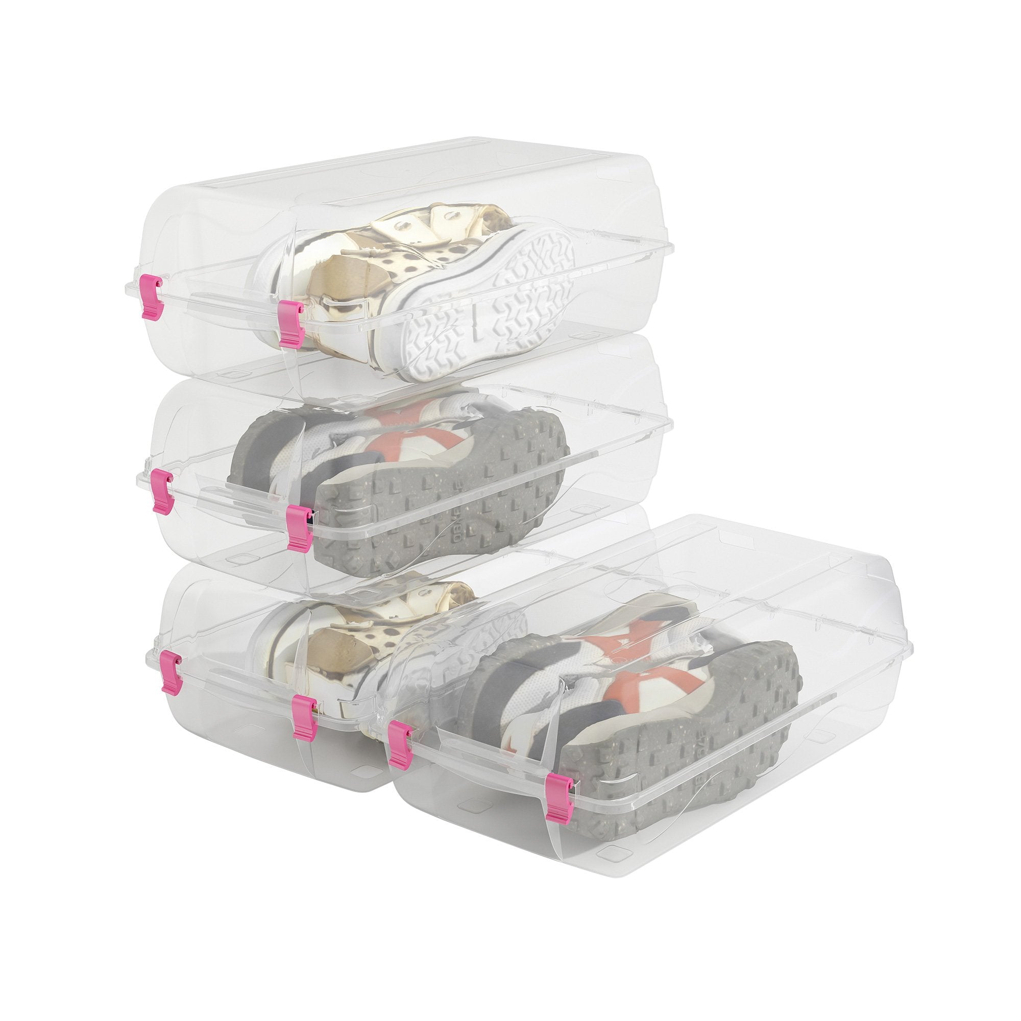 4 Pack Stackable Shoe Organizer with Lids Storage Boxes Sneaker Containers, Pink - Bosonshop