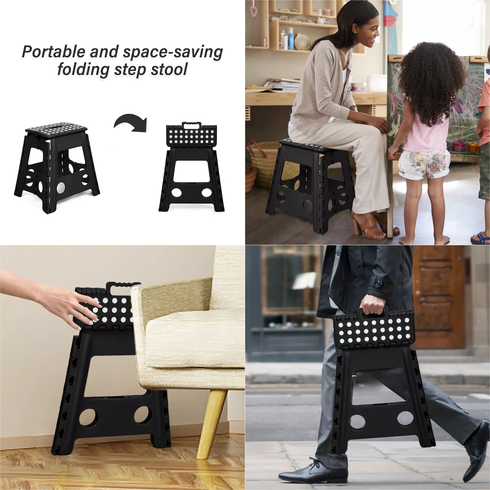 2 Pack Folding Step Stool with Portable Carrying Handle Safe Enough, Black - Bosonshop
