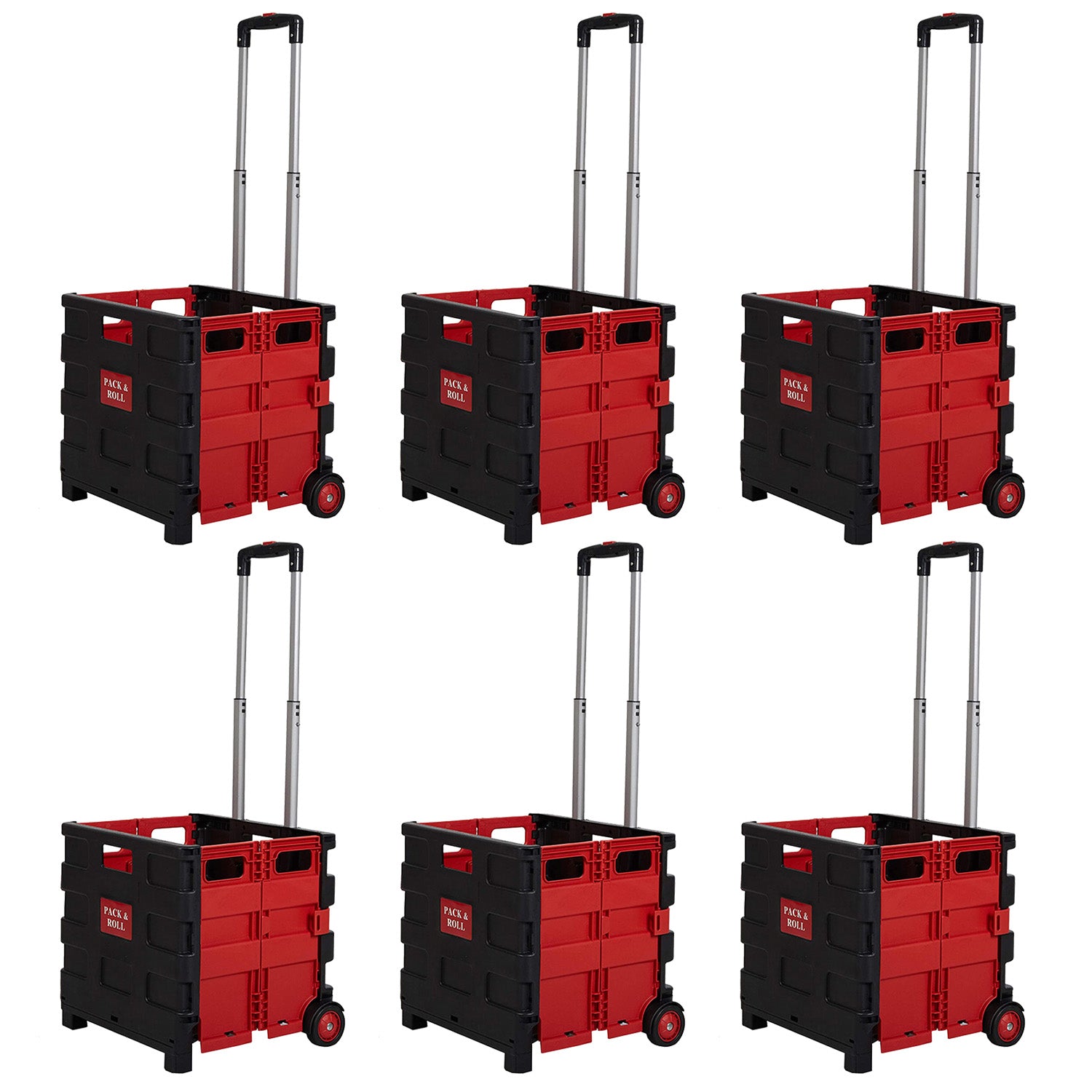 6 Pack Collapsible Rolling Crate Utility Cart 44L Foldable Grocery Cart with Wheels(Red, Medium)