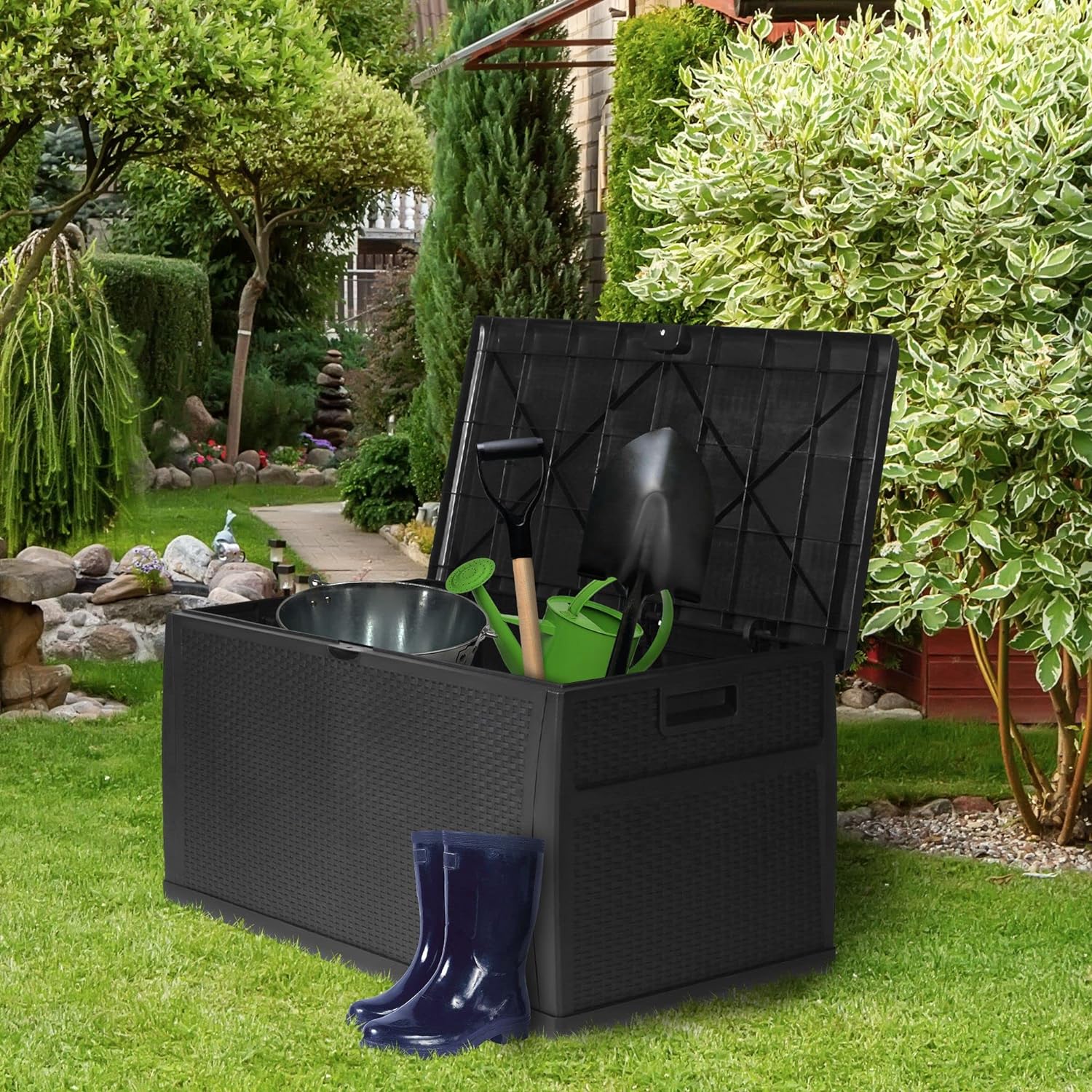 Patio Deck Box Storage Container Outdoor Rattan Style Plastic Storage Cabinet Bench Box - Bosonshop