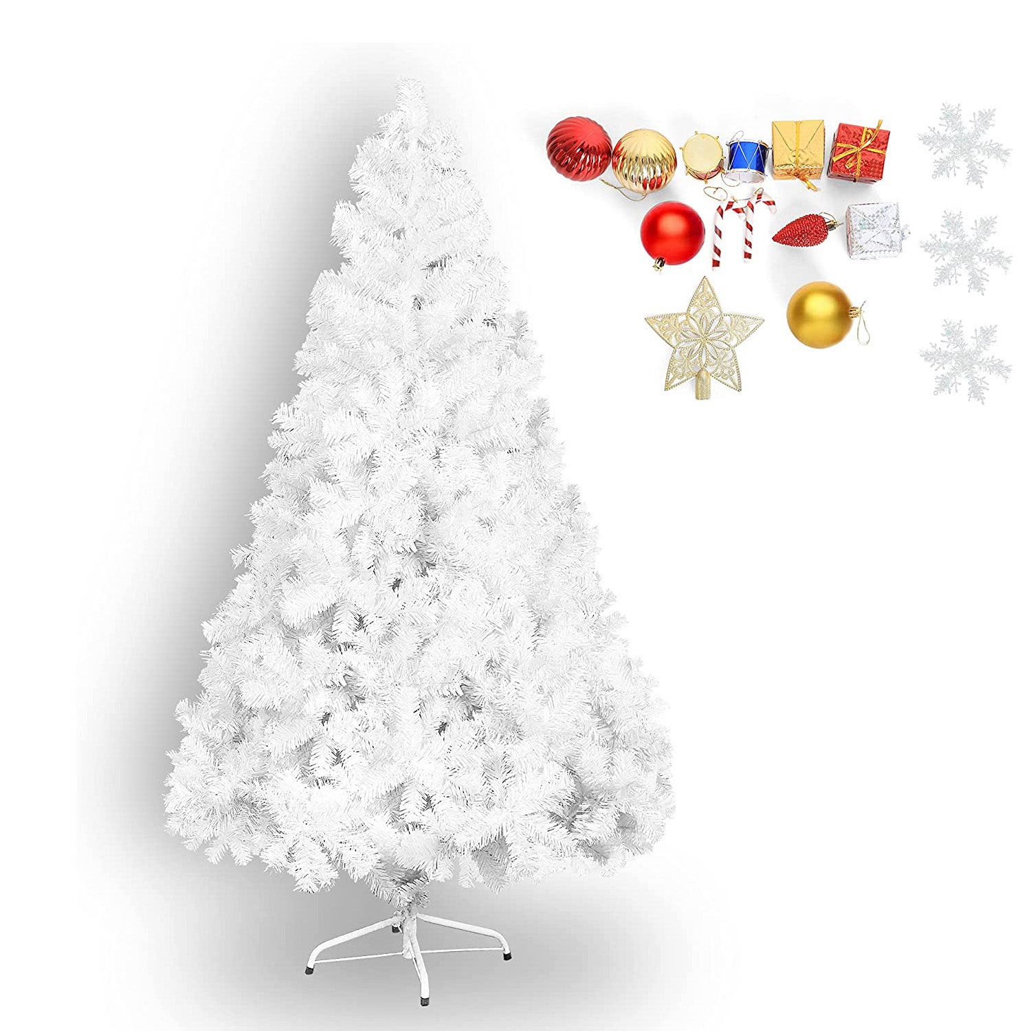 7' High Christmas Tree 1000 Tips Decorate Pine Tree with Metal Legs White & Decorations - Bosonshop