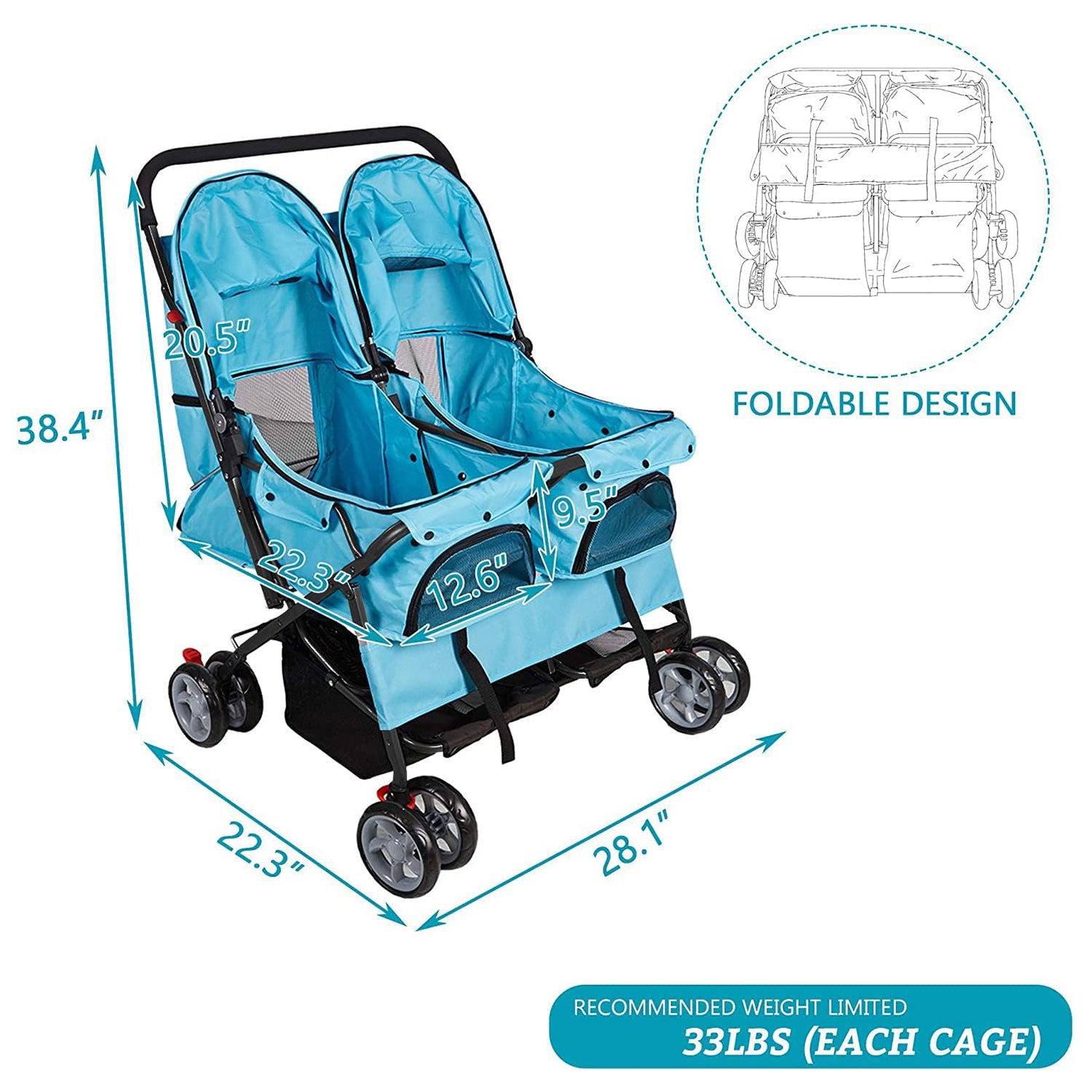 Folding 4 Wheels Double Pet Stroller Two-Seater Carrier Cart, Blue - Bosonshop