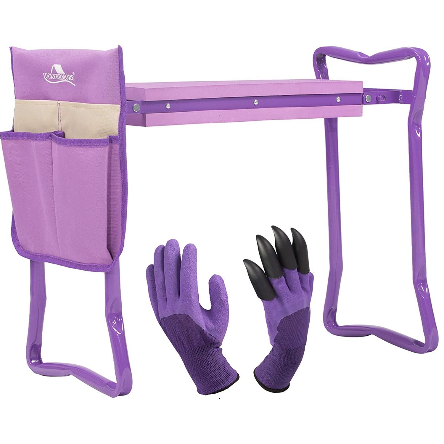 Foldable Garden Kneeling Bench Stool with Soft Foam and Tool Pouch, Purple