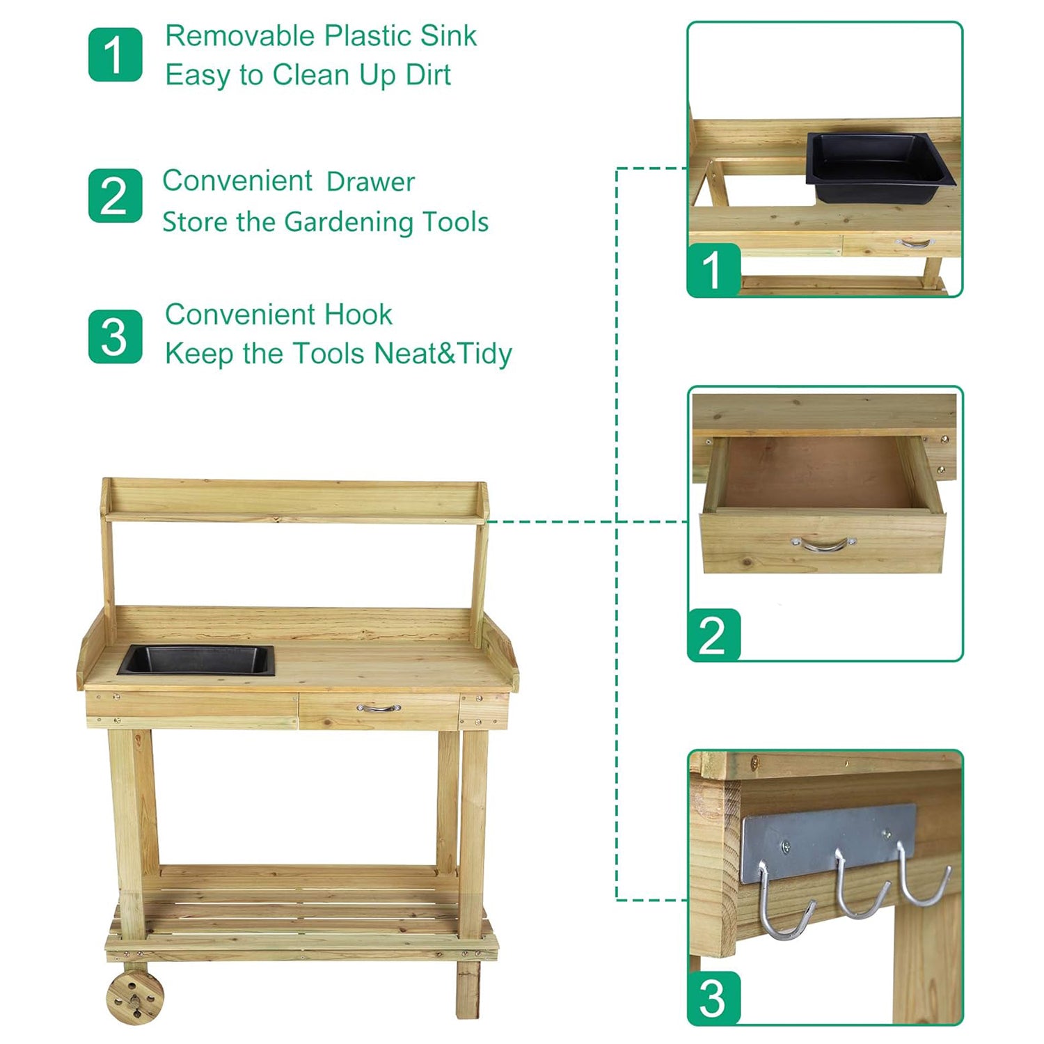 Potting Bench Table Wooden Gardening Plant Workstation Natural Solid Wood w/Wheels and Drawer Sink Hook Open Shelf - Bosonshop