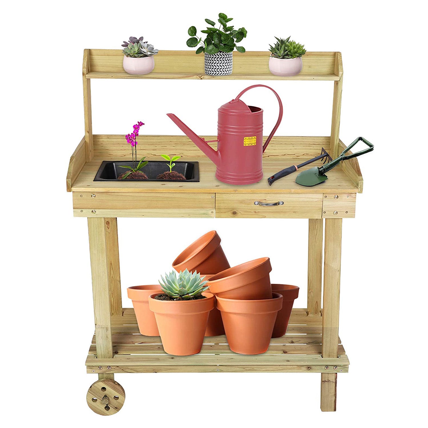 Potting Bench Table Wooden Gardening Plant Workstation Natural Solid Wood w/Wheels and Drawer Sink Hook Open Shelf - Bosonshop