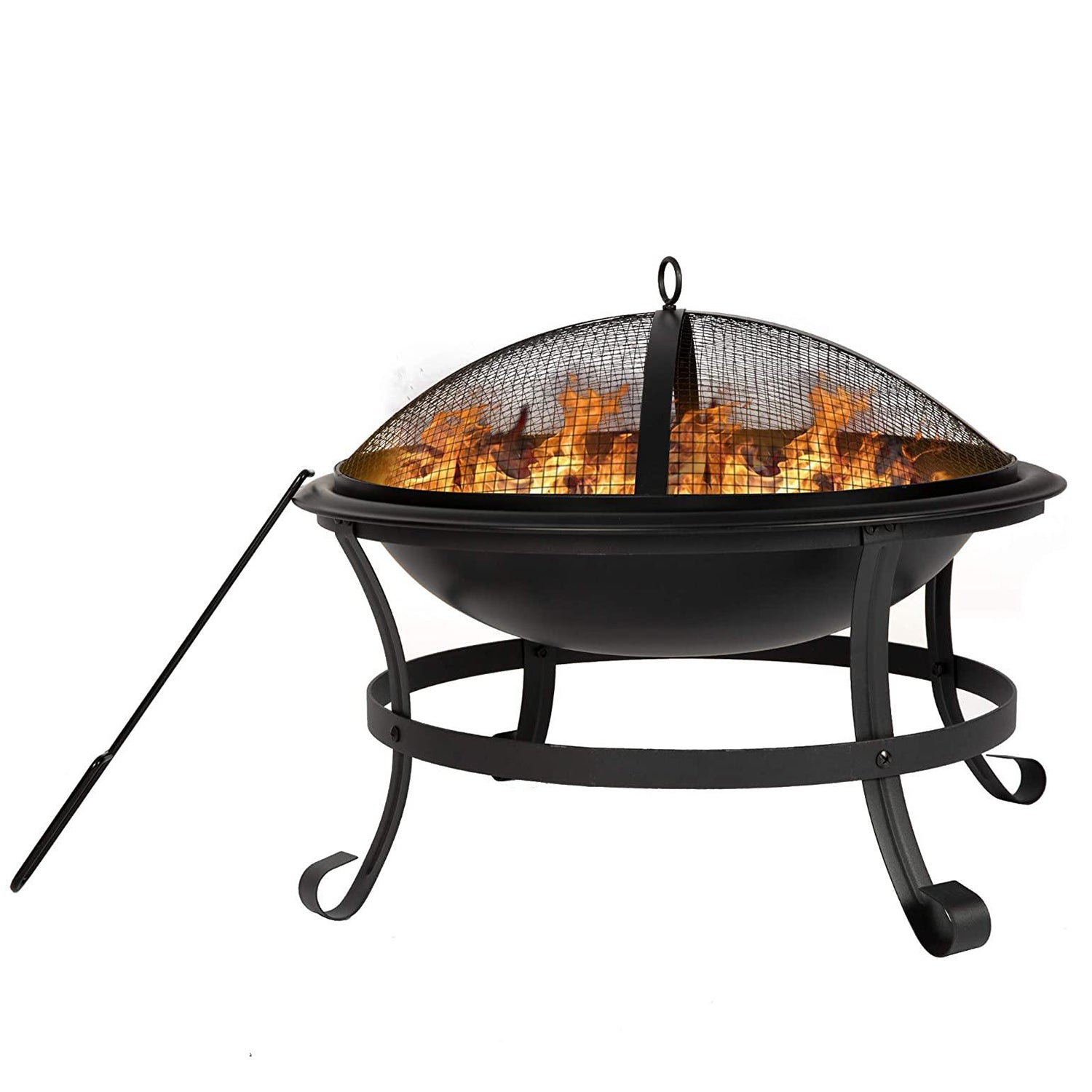 22-Inch Outdoor Wood-Burning BBQ Grill Fire Pit with Round Mesh Spark Screen Cover