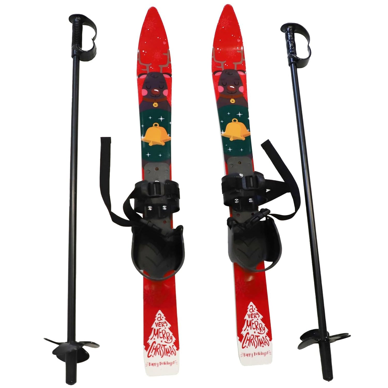 Kids Skis and Poles with Bindings for Age 2-4 Beginner Snow Skis 25.6", Red - Bosonshop