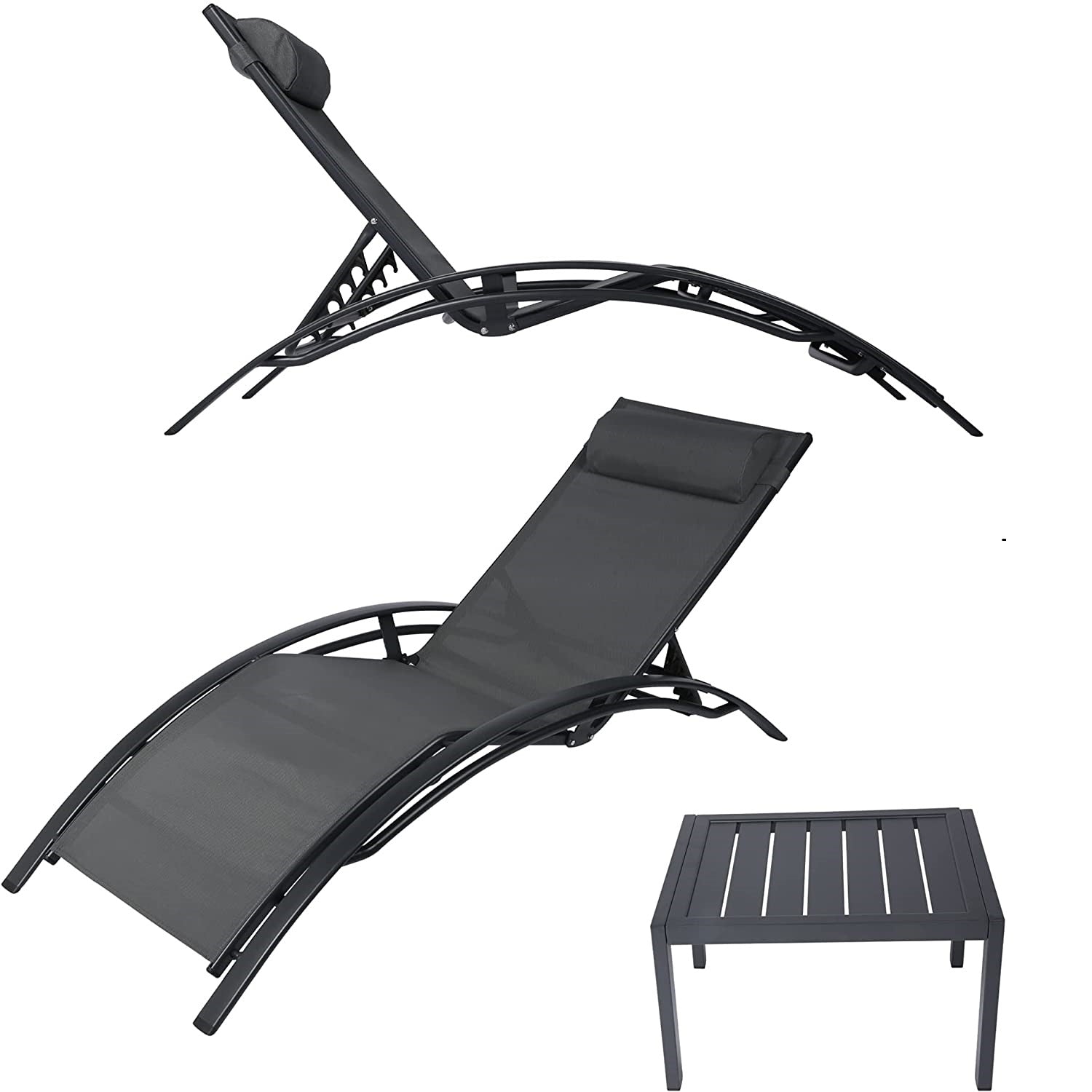 Set of 2 Chaise Lounge Chair w/Tea Table, Aluminum Patio Lounge Chair Reclining 4 Adjustable Back Position w/Removable Cushions