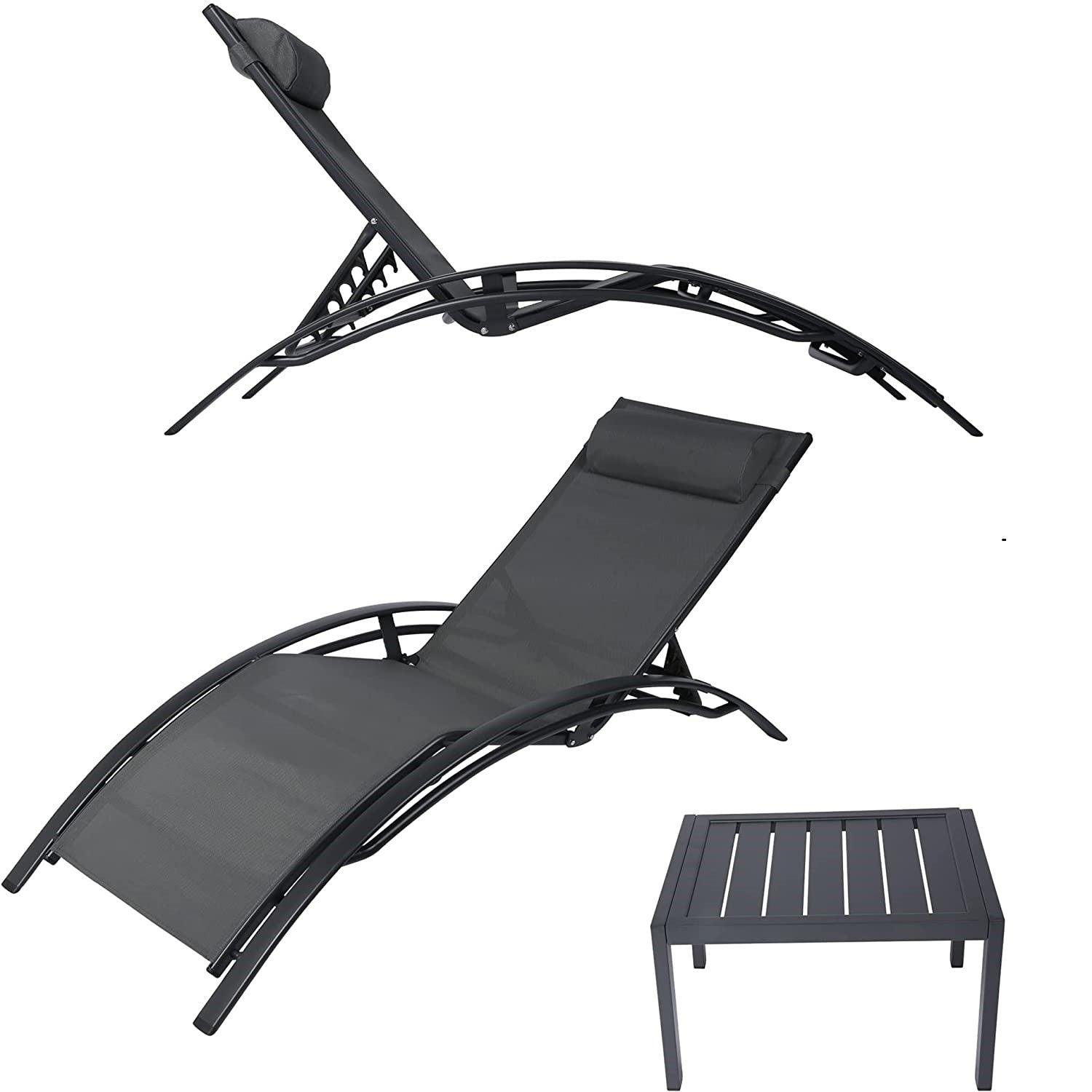 Set of 2 Chaise Lounge Chair w/Tea Table, Aluminum Patio Lounge Chair Reclining 4 Adjustable Back Position w/Removable Cushions - Bosonshop