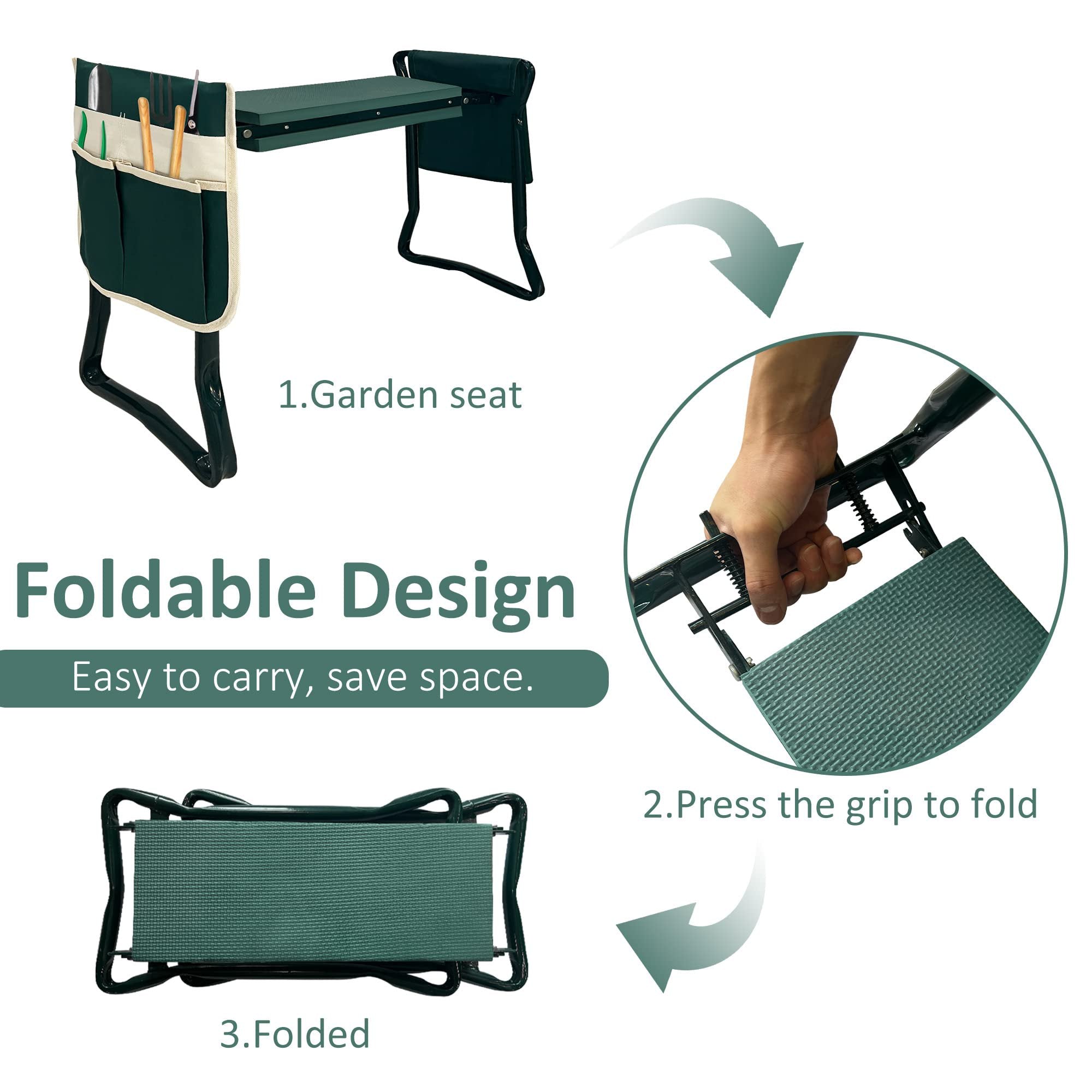 Foldable Garden Kneeler and Seat Gardening Bench with Two Tool Pouches and 6" Widen Soft Kneeling Pad