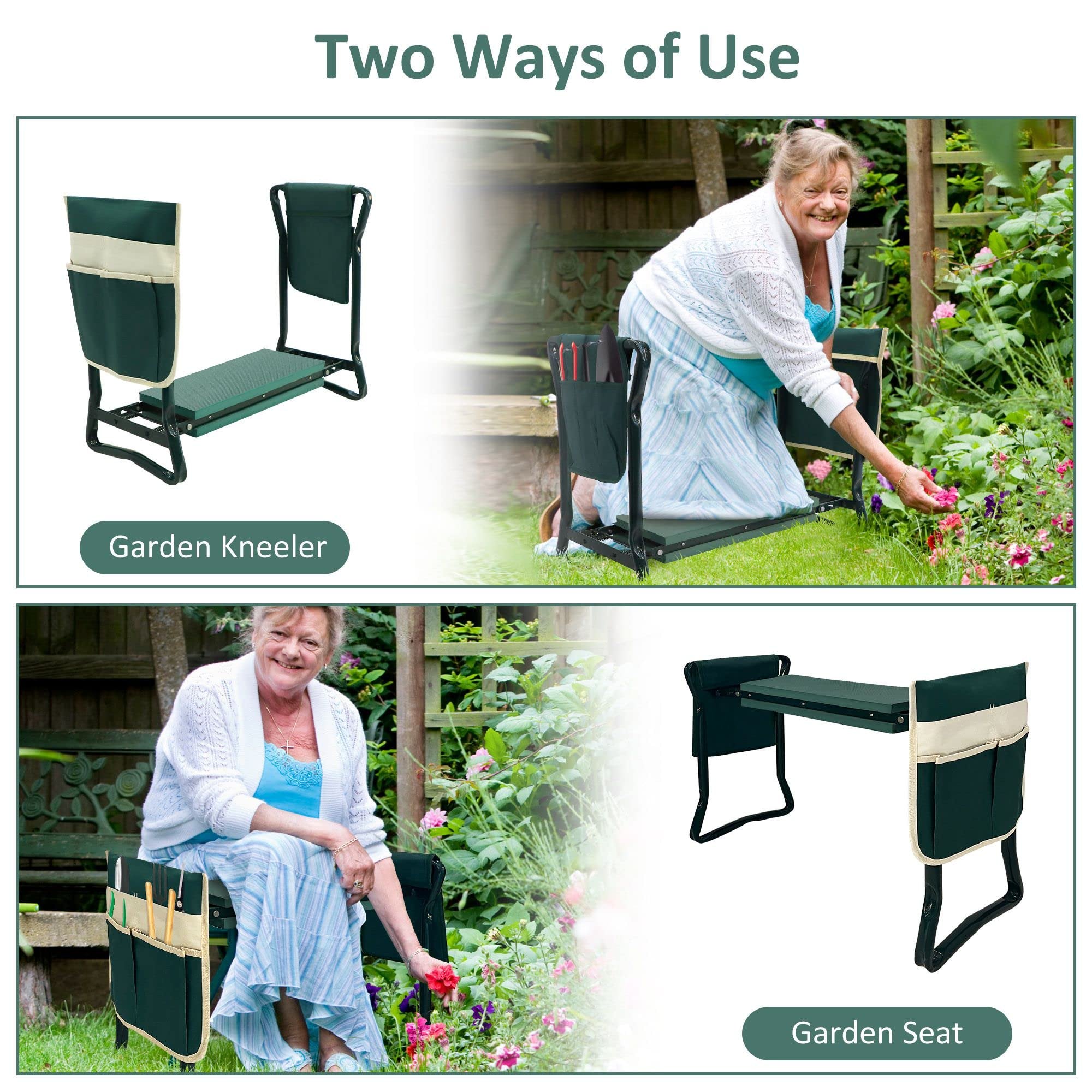 Foldable Garden Kneeler and Seat Gardening Bench with Two Tool Pouches and 6" Widen Soft Kneeling Pad