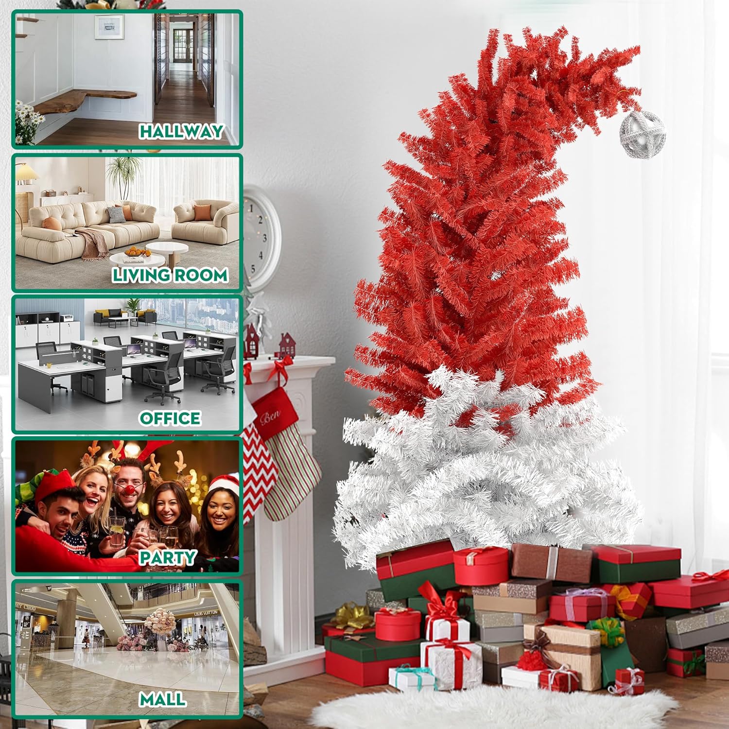 6ft Bendable Santa Hat Style Artificial Christmas Fir Tree Bent Top Xmas Tree with Metal Stand, 1050 Lush Branch Tips, Red - Bosonshop