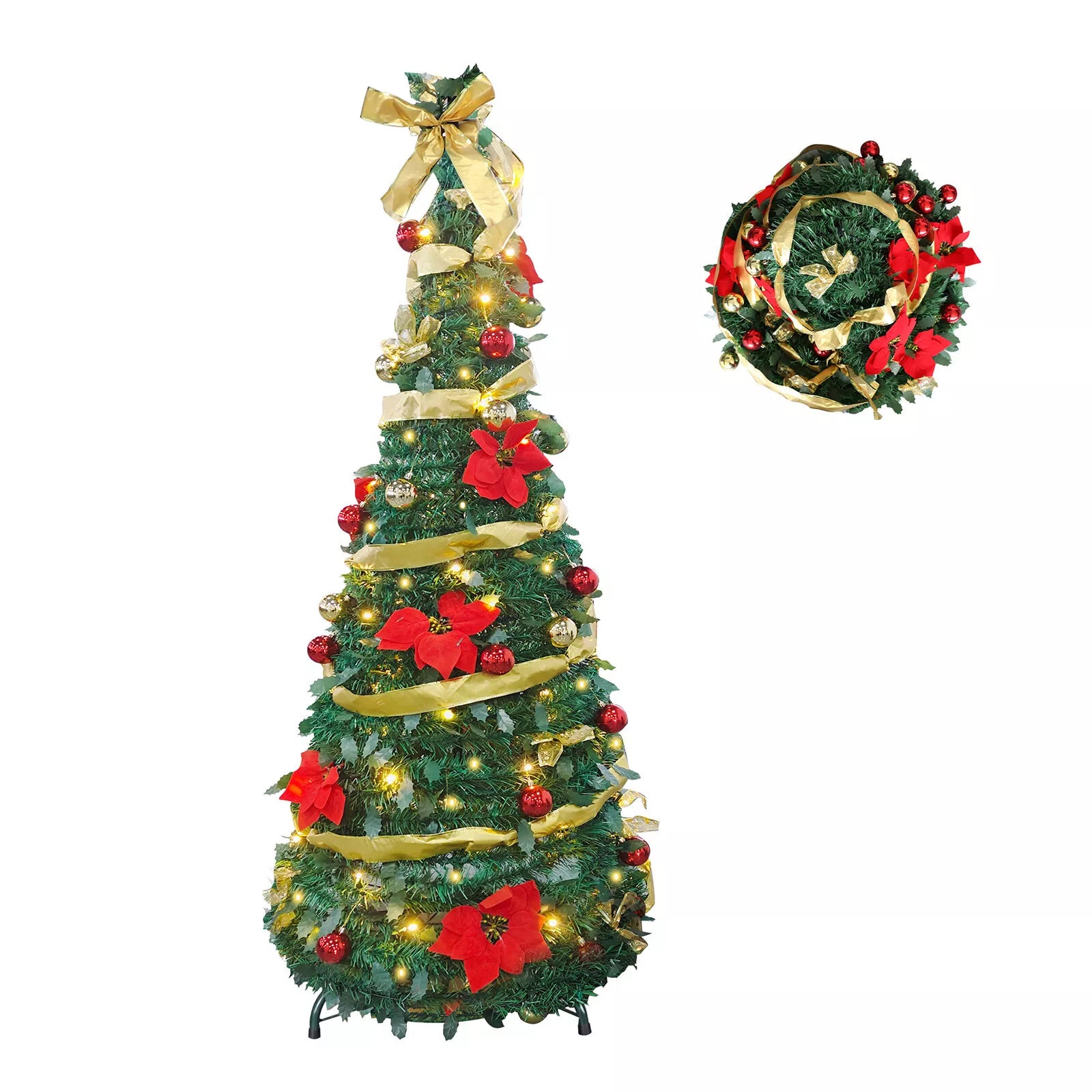 6ft Pre-Lit Collapsible Artificial Christmas Tree Pre-Decorated Pop Up Xmas Tree with 200 Lights, Gold and Red Balls, Bows, Flowers - Bosonshop