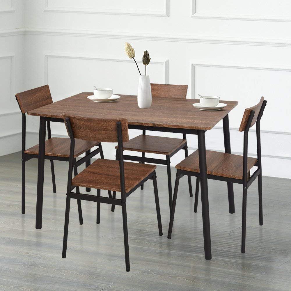 Bosonshop 5 Piece Wood Dining Table Set with Metal Legs, Retro Brown