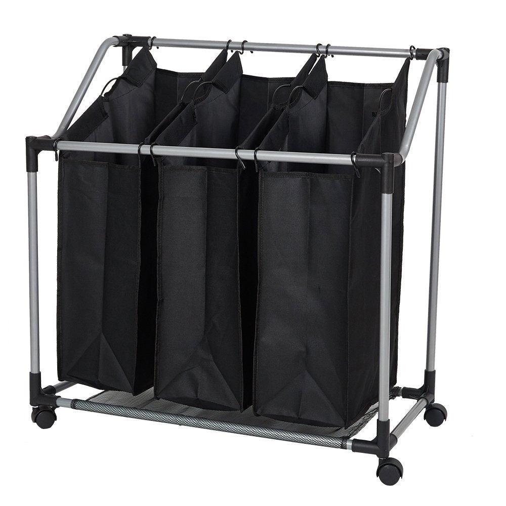 Bosonshop Heavy-Duty 3-Bag Rolling Laundry Sorter Storage Cart, Bag Laundry Organizer with Wheels（Black）