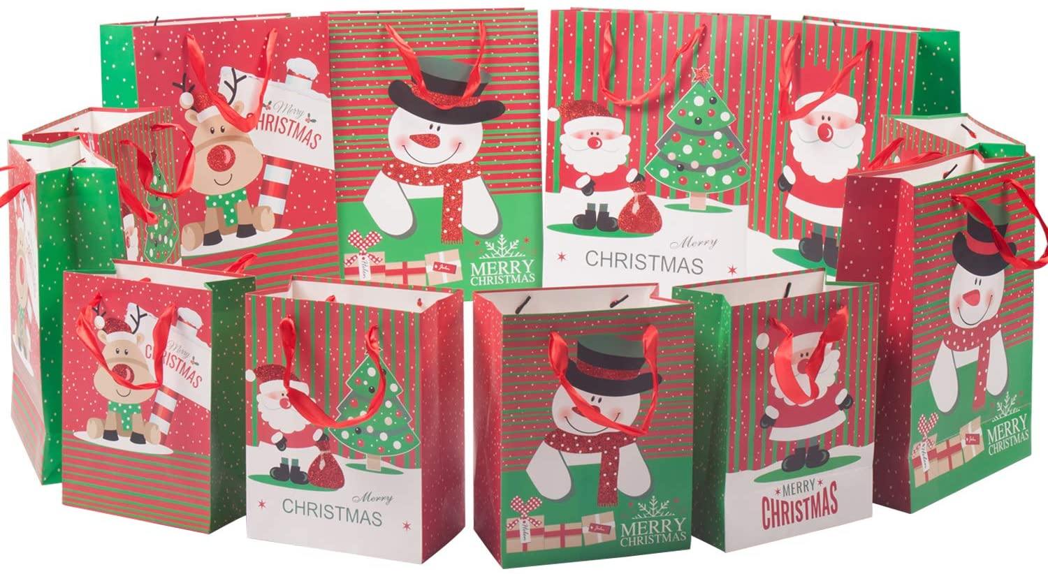 Christmas Paper Gift Bags Bulk Assortment 1 Dozen Holiday Themes Print Gift Bags with Handles 3 Sizes 4 Patterns Character - Bosonshop