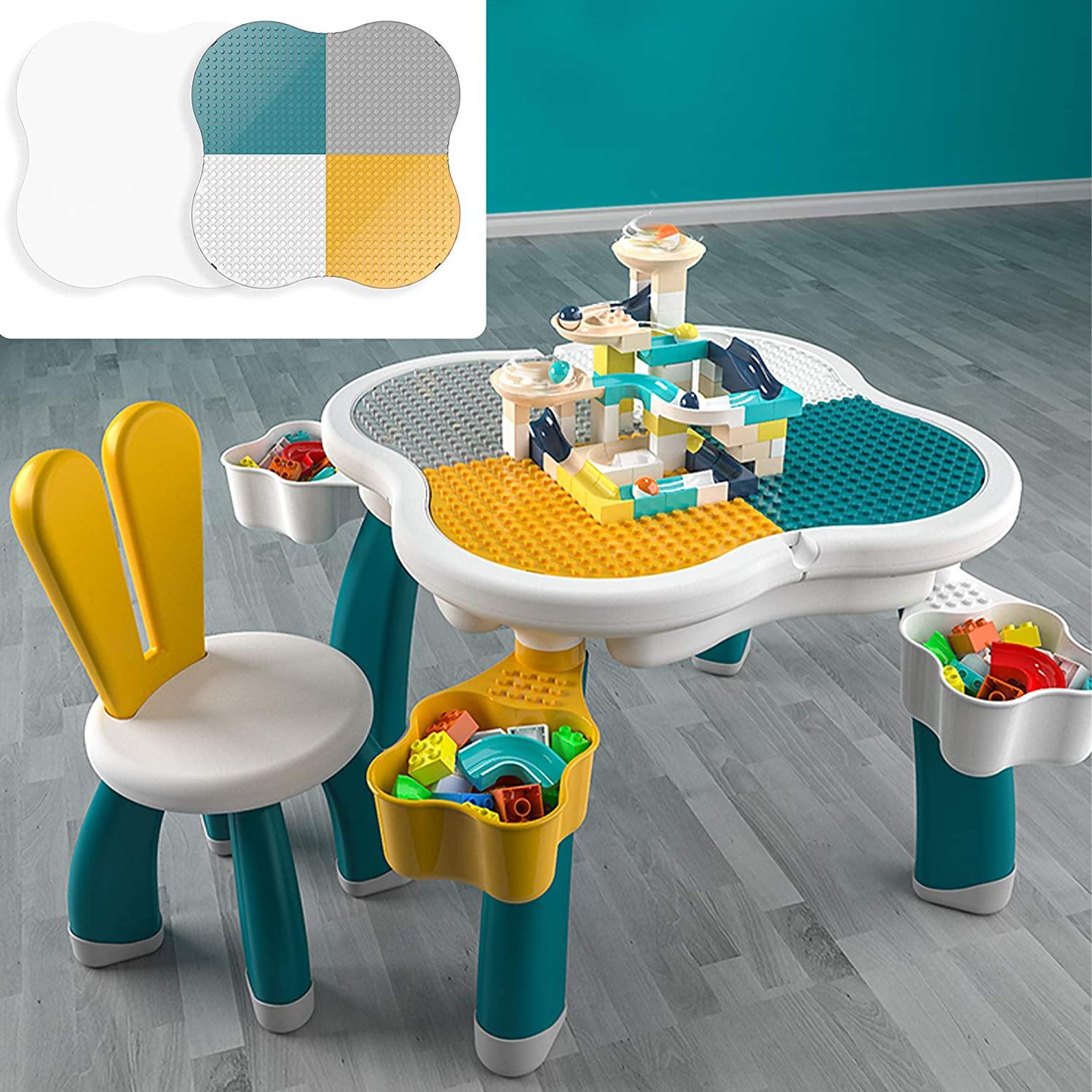 Kids Multi Activity Table with 1 Rabbit Chair Set Building Blocks Compatible Bricks Toy - Bosonshop